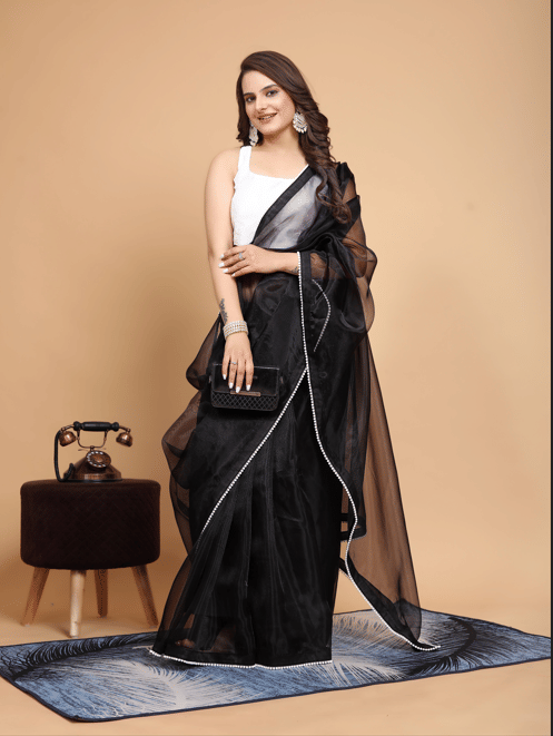 MK WOMEN'S Organza Solid Regular Saree With Unstitched Blouse Piece ( Black ) MK WOMEN'S Organza Solid Regular Saree With Unstitched Blouse Piece ( Black )