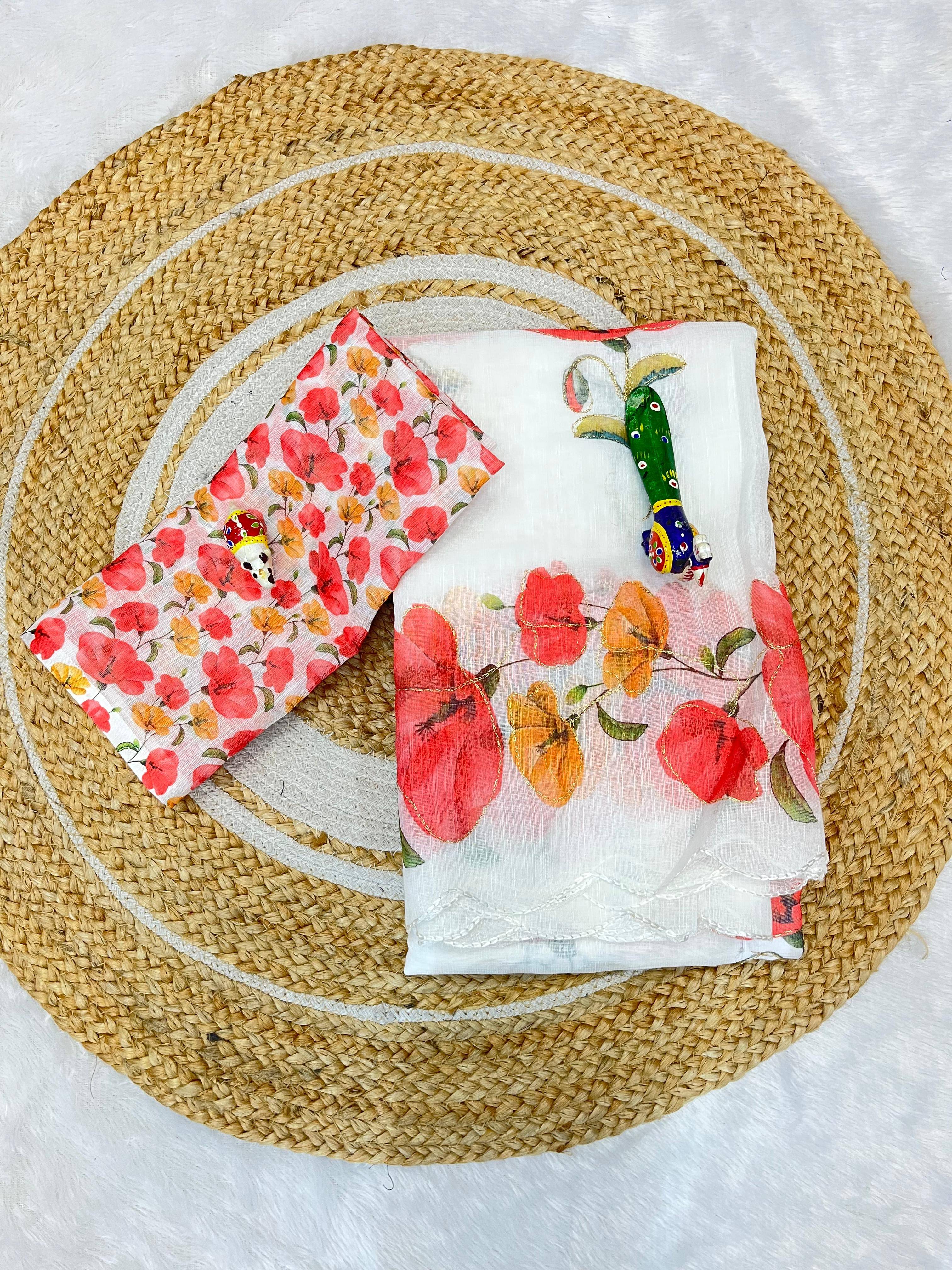 SHIRODHARI Linen Printed Sambalpuri Saree With Unstitched Blouse Piece ( White ) SHIRODHARI Linen Printed Sambalpuri Saree With Unstitched Blouse Piece ( White )