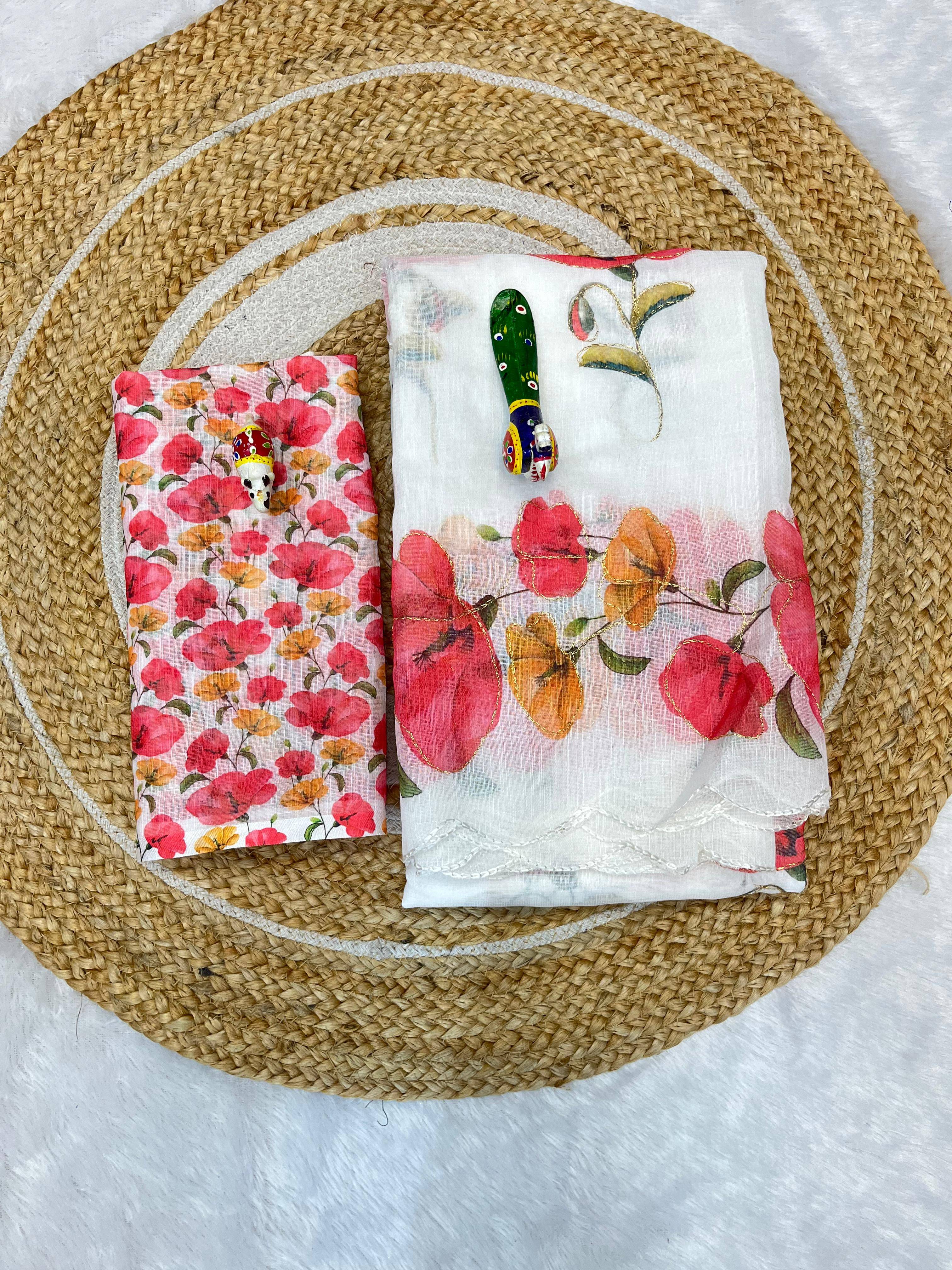 SHIRODHARI Linen Printed Sambalpuri Saree With Unstitched Blouse Piece ( White ) SHIRODHARI Linen Printed Sambalpuri Saree With Unstitched Blouse Piece ( White )