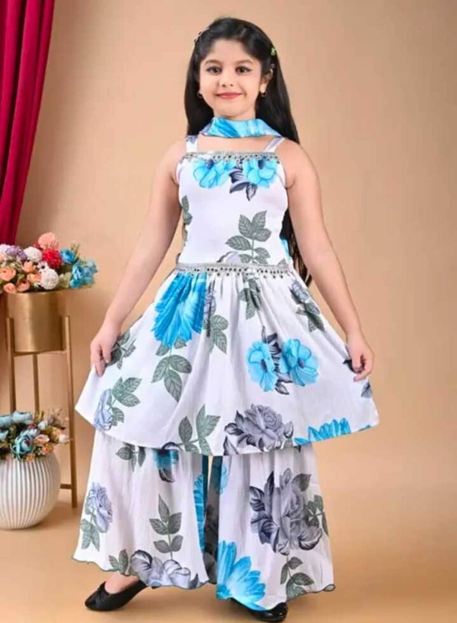 SM glob Girls Cotton Blend Kurti with Sharara ( Pack of 1 , Sky Blue )