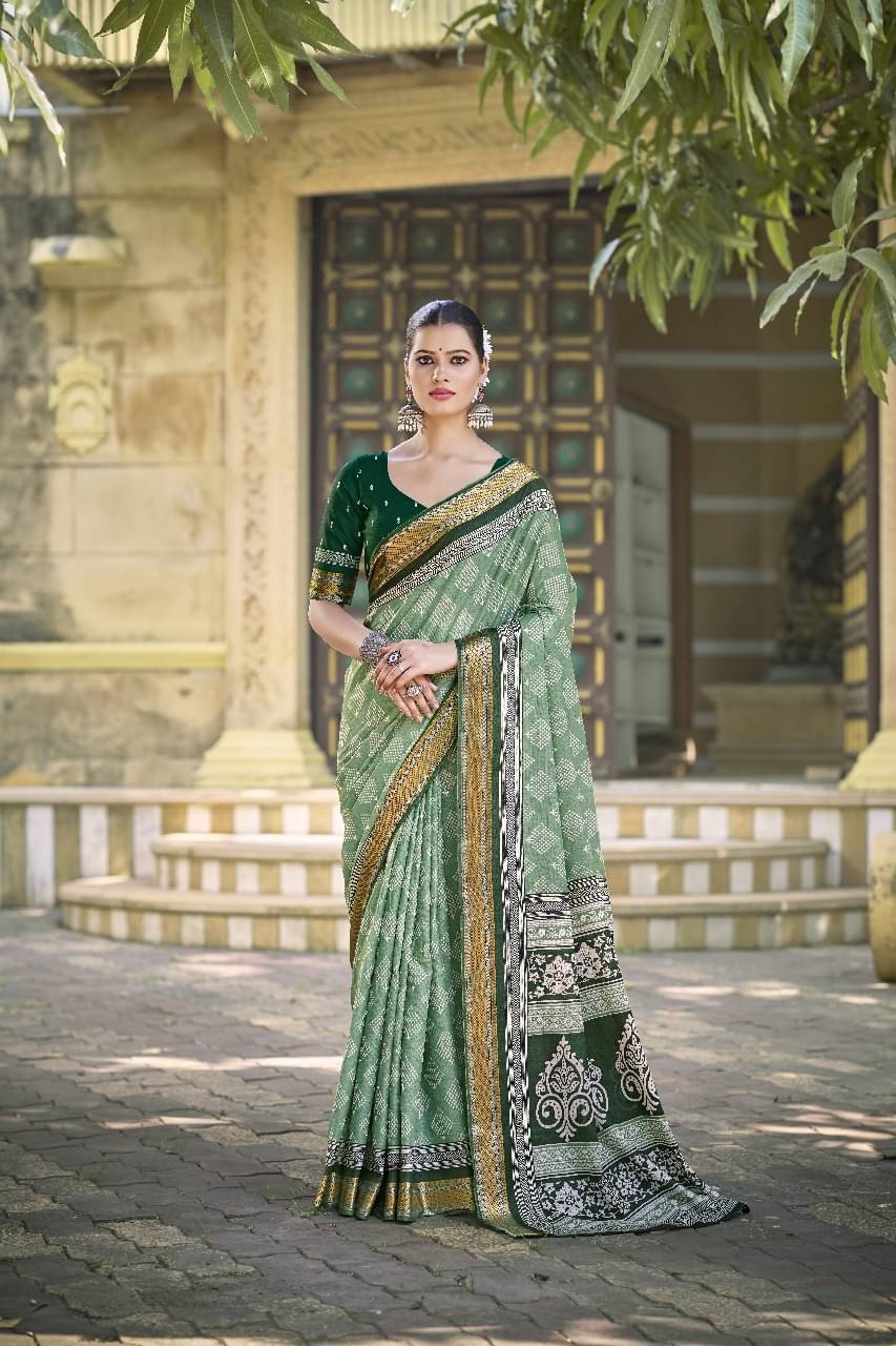     			Shree Ganesh Creation Cotton Printed Banarasi saree With Unstitched Blouse Piece ( Green )