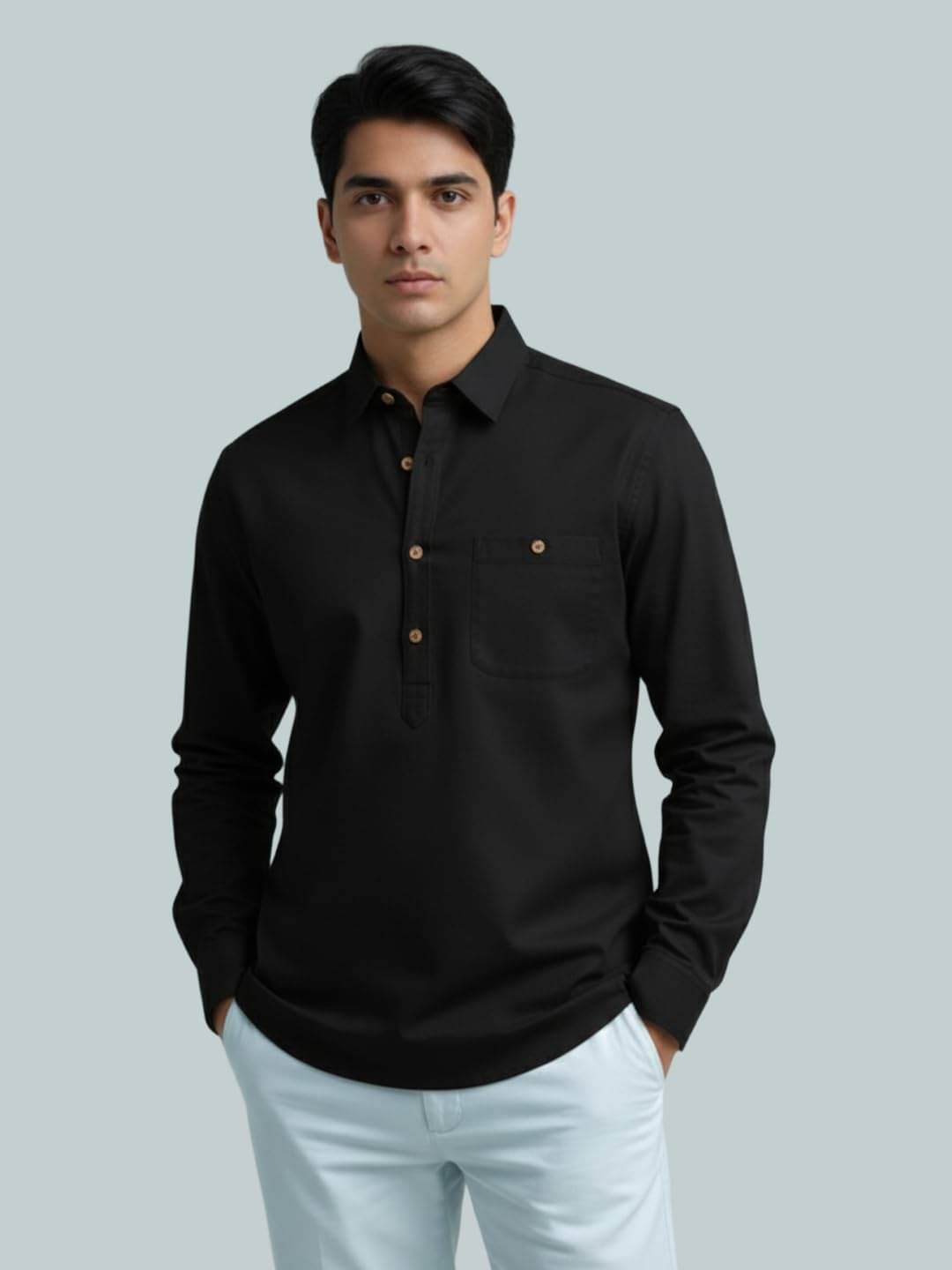     			UNI VIBE Black Cotton Blend Men's Shirt Style Kurta ( Pack of 1 )