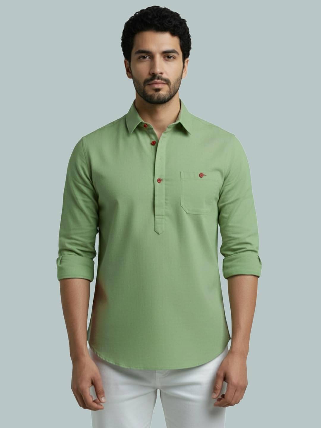     			UNI VIBE Light Green Cotton Blend Men's Shirt Style Kurta ( Pack of 1 )