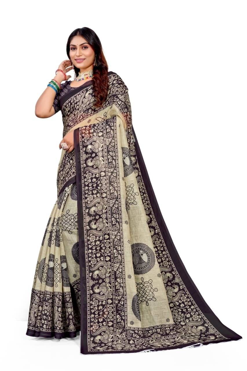     			kiyan enterprise Linen Printed Ilkal Saree With Unstitched Blouse Piece ( Multicolor )