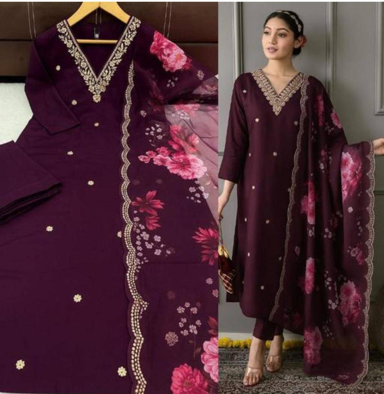     			C4A Women Rayon Embroidered Straight Kurti With Pants ( Wine )