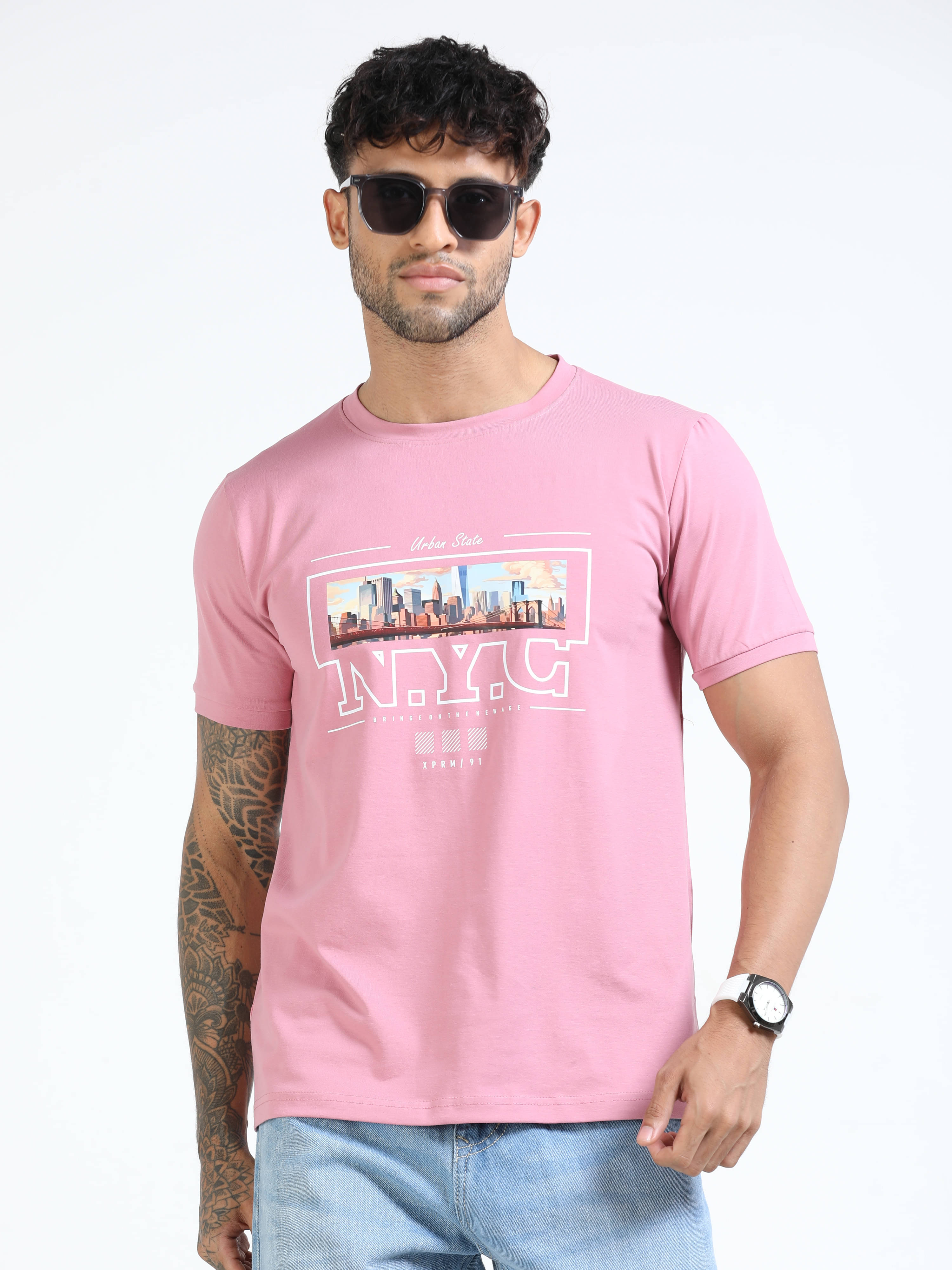     			Cool Colors Men Cotton Blend Slim Fit Printed T-Shirt ( Pink )