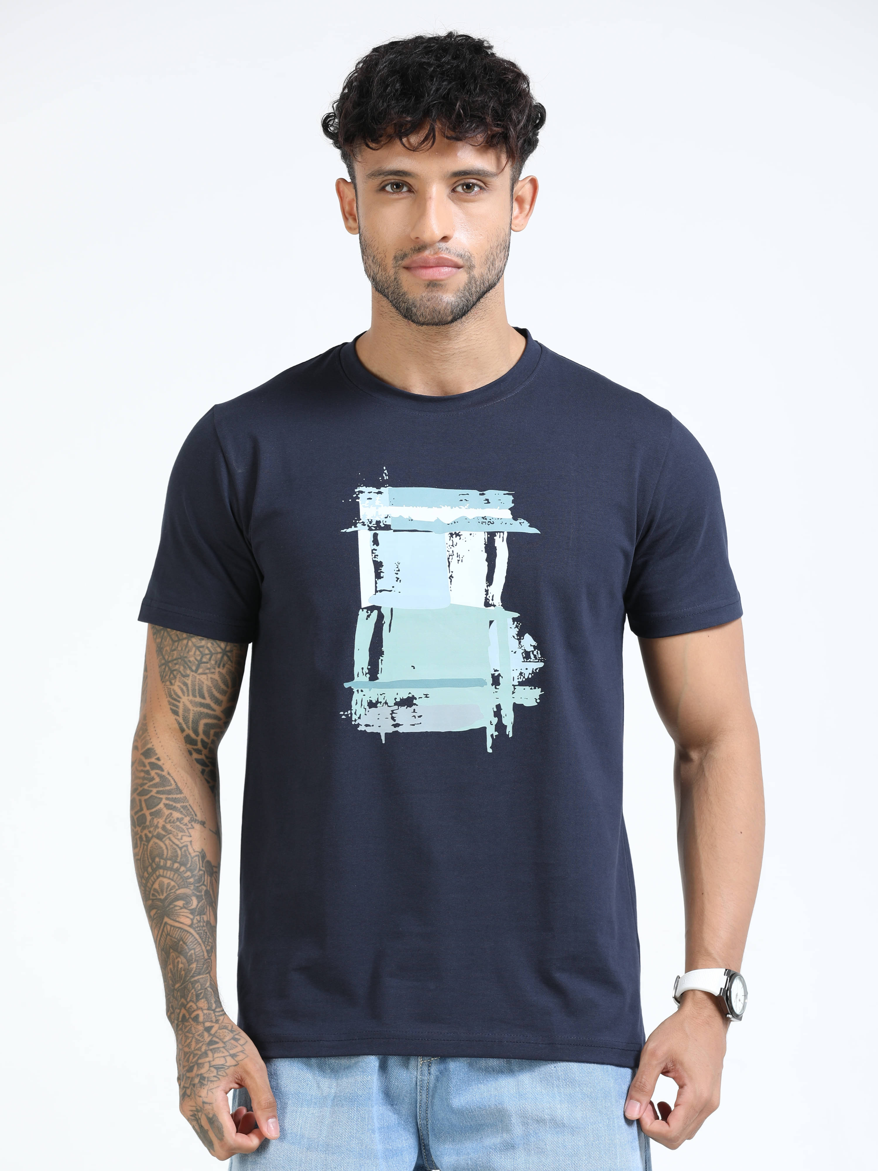 Cool Colors Men Cotton Blend Slim Fit Printed T-Shirt ( Blue ) Cool Colors Men Cotton Blend Slim Fit Printed T-Shirt ( Blue )