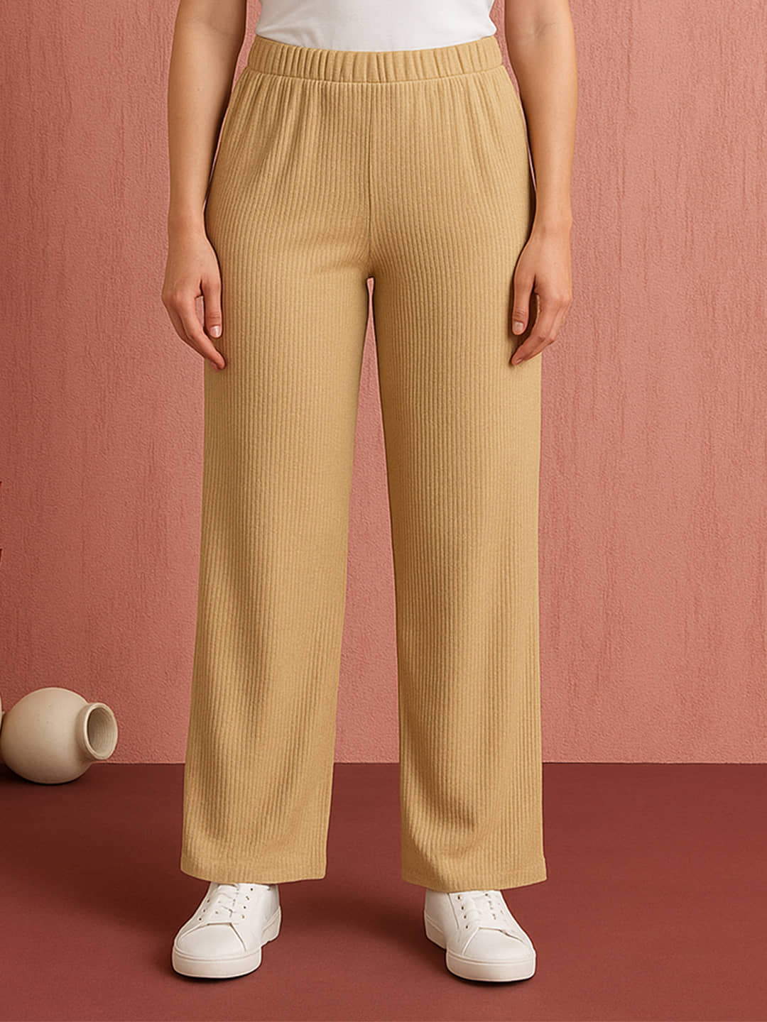 DTR FASHION Women Cotton Blend Wide Leg Trousers ( Beige ) - Trousers | Buy online on ZillyBuy