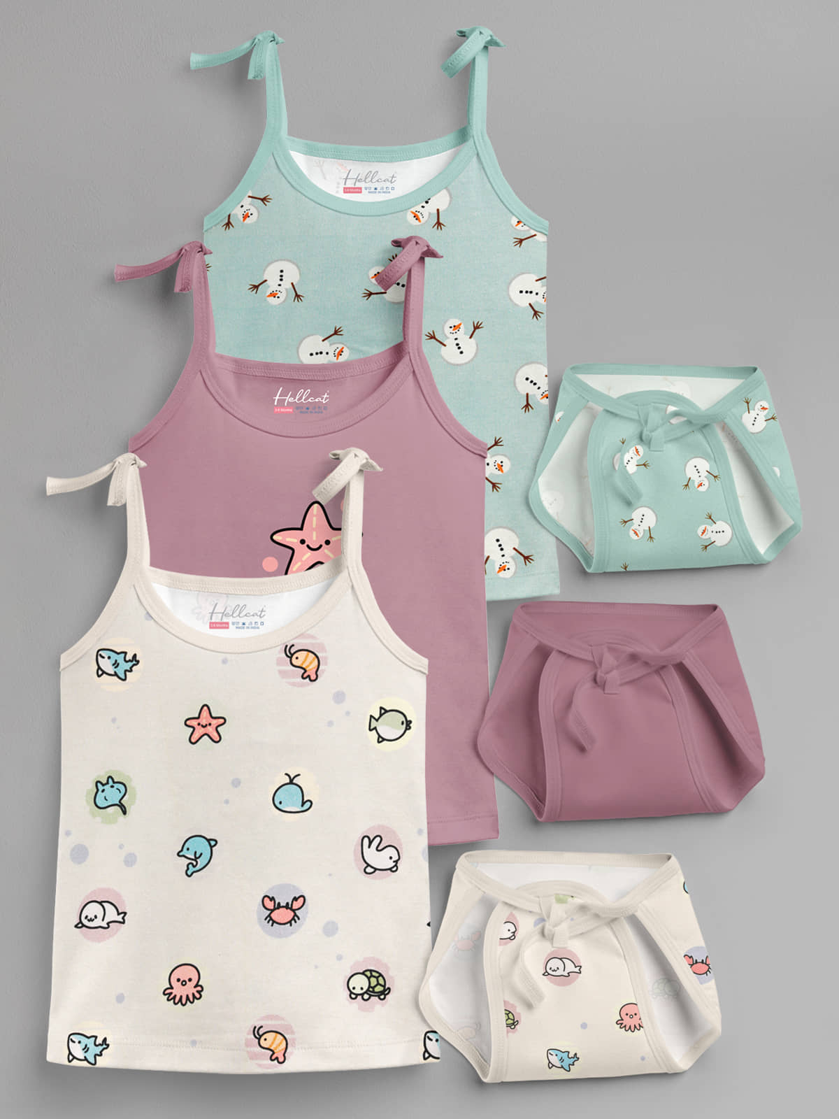 HELLCAT 100% Cotton Strap Open Jhabla T Shirt and Nappy Matching Co-ords Set for Babies - Pack of 3 | Jabla and Langot Set for Babies (Unisex, 0-6 Month)_Cream_Brown_Green_0-6Months