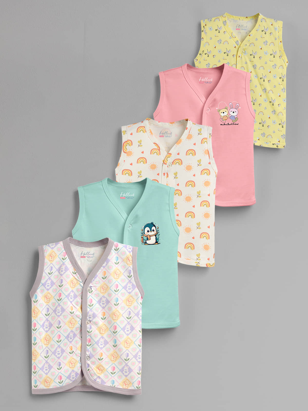 HELLCAT 100% Cotton Front Open Jhabla Vest & T Shirt for Babies - Pack of 1 (Unisex, 0-18 Months, Sleeveless)_Lavender_Mint Green_Orange_Pink_Yellow_12-18 Months