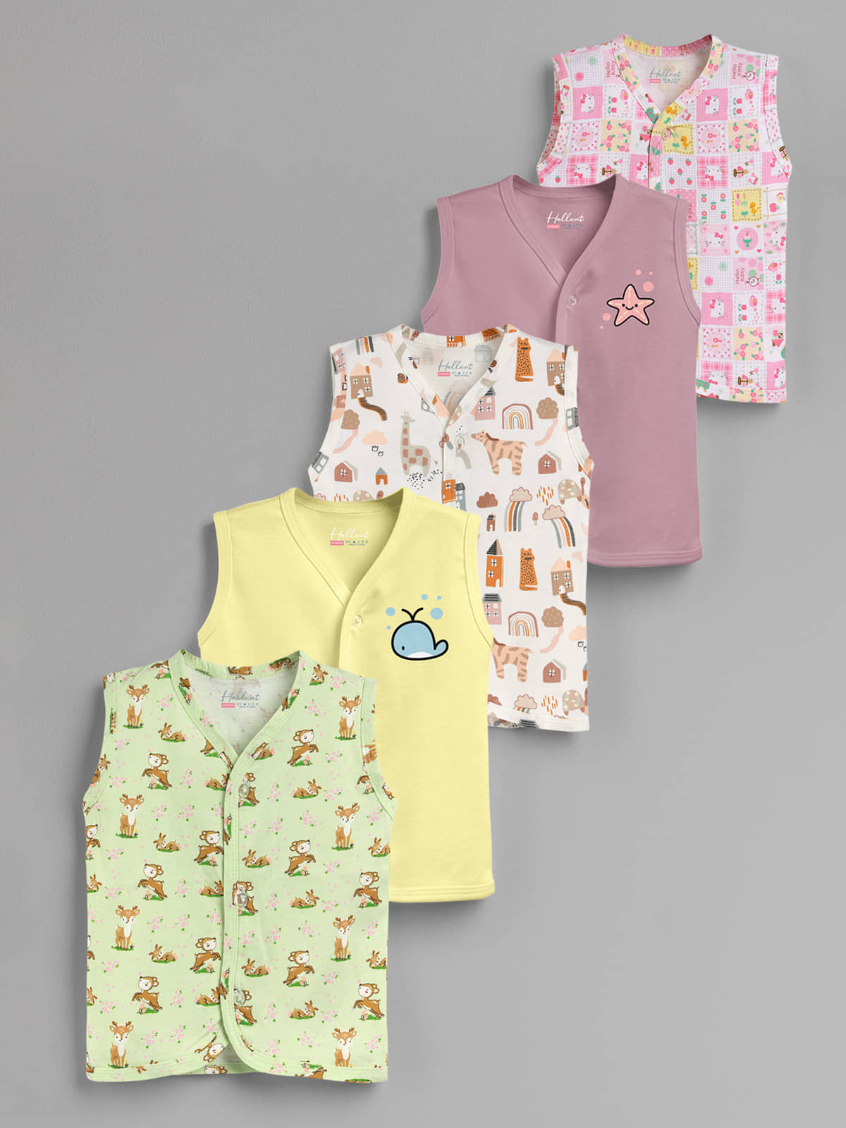 HELLCAT 100% Cotton Front Open Jhabla Vest & T Shirt for Babies - Pack of 1 (Unisex, 0-18 Months, Sleeveless)_Green_Yellow_Brown_Brown_Pink_0-6 Months
