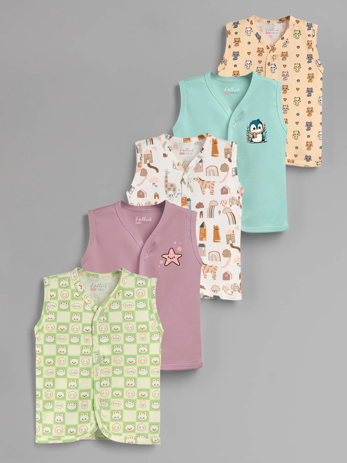 HELLCAT 100% Cotton Front Open Jhabla Vest & T Shirt for Babies - Pack of 1 (Unisex, 0-18 Months, Sleeveless)_Green_Brown_Brown_Mint Green_Yellow_0-6 Months