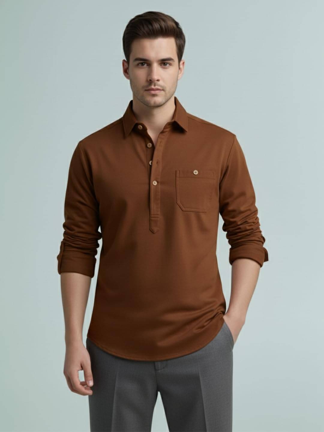 UNI VIBE Brown Cotton Blend Men's Shirt Style Kurta ( Pack of 1 ) UNI VIBE Brown Cotton Blend Men's Shirt Style Kurta ( Pack of 1 )