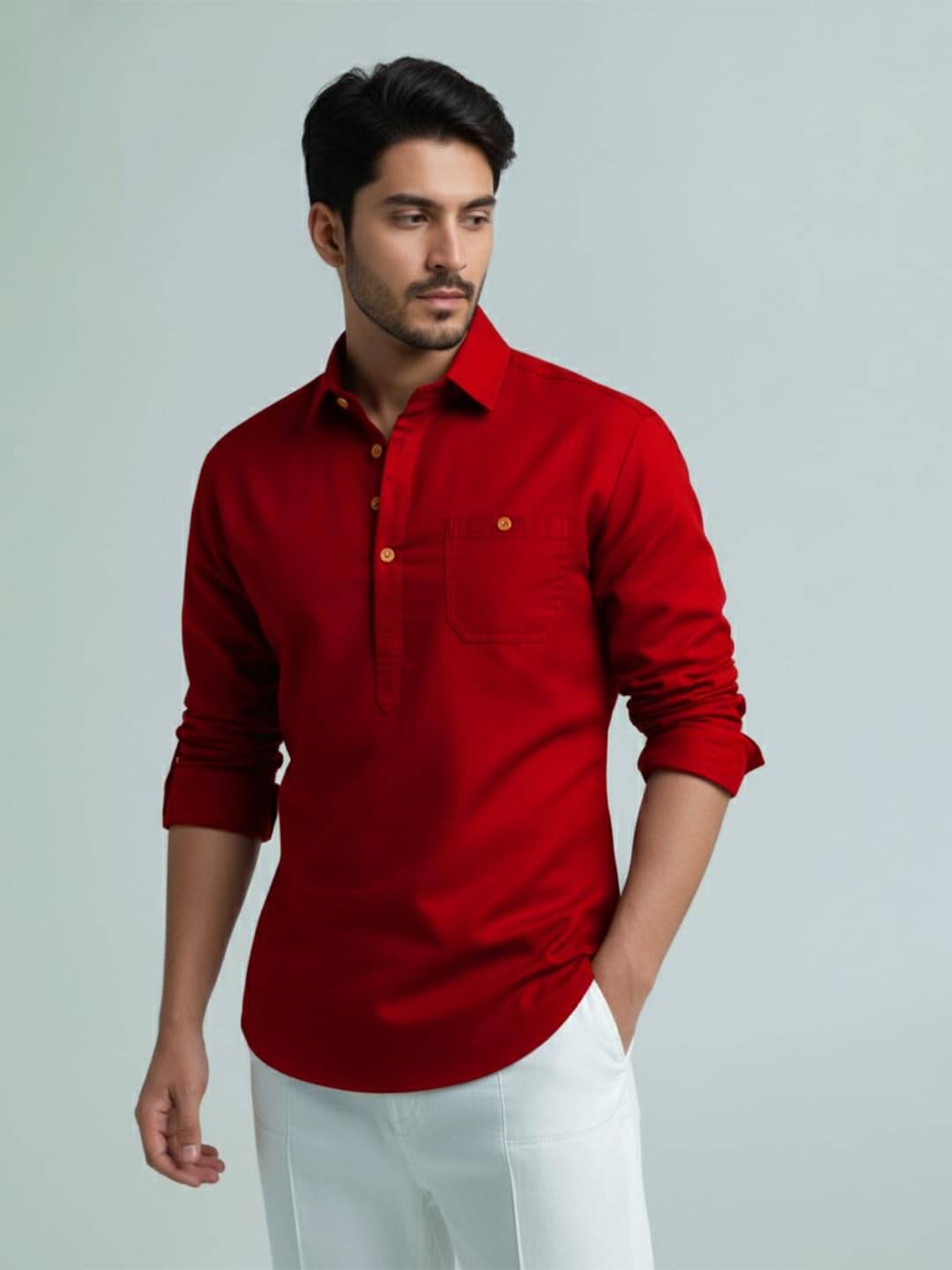     			UNI VIBE Red Cotton Blend Men's Shirt Style Kurta ( Pack of 1 )