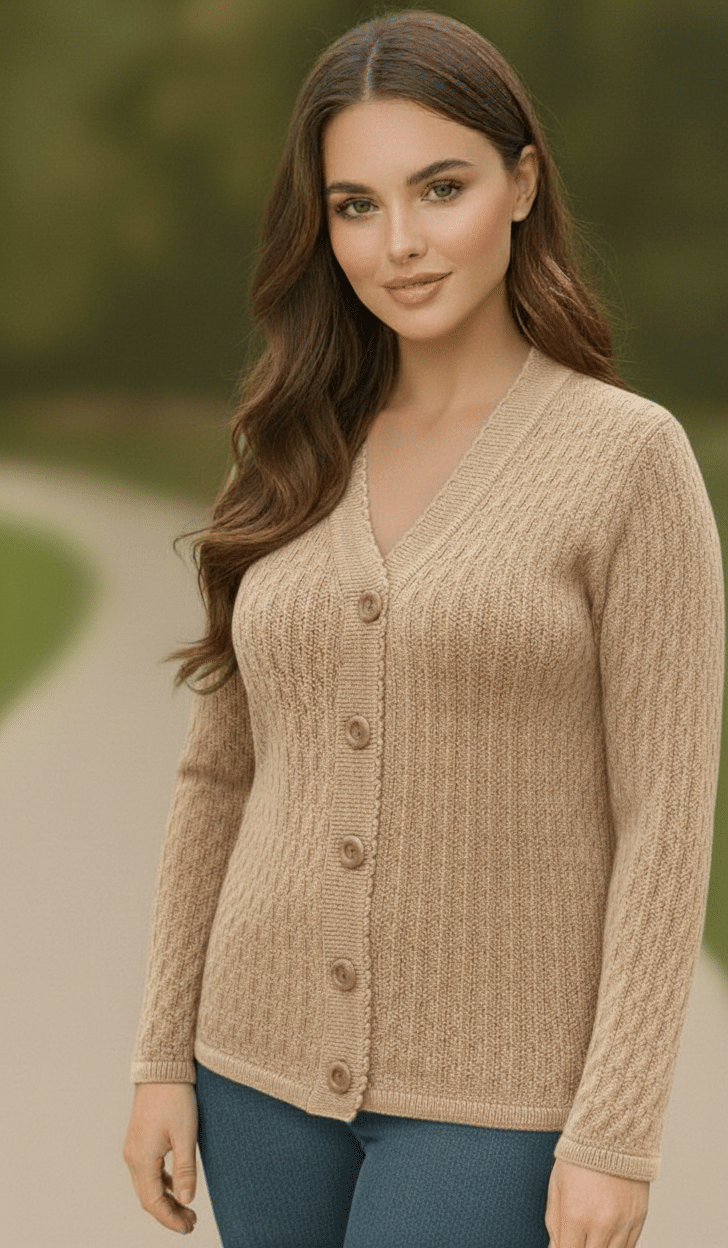 Urban Trees Women Woollen V-Neck Cardigan ( Beige ) Urban Trees Women Woollen V-Neck Cardigan ( Beige )