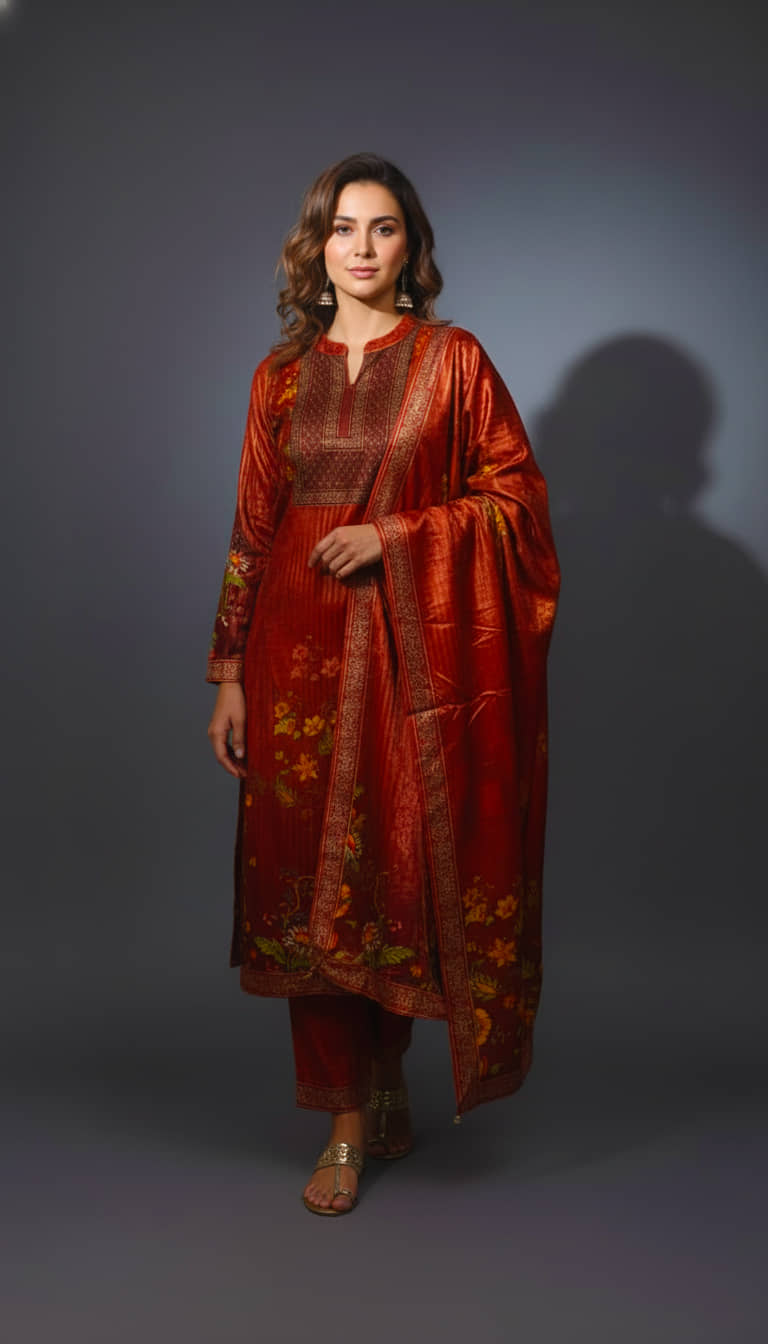 WOOL'S KART Women Woollen Printed A-line Kurti With Palazzo ( Red )