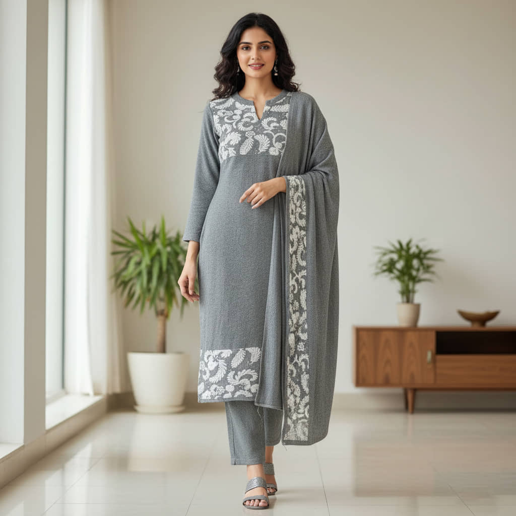 WOOL'S KART Women Woollen Printed A-line Kurti With Palazzo ( Grey )