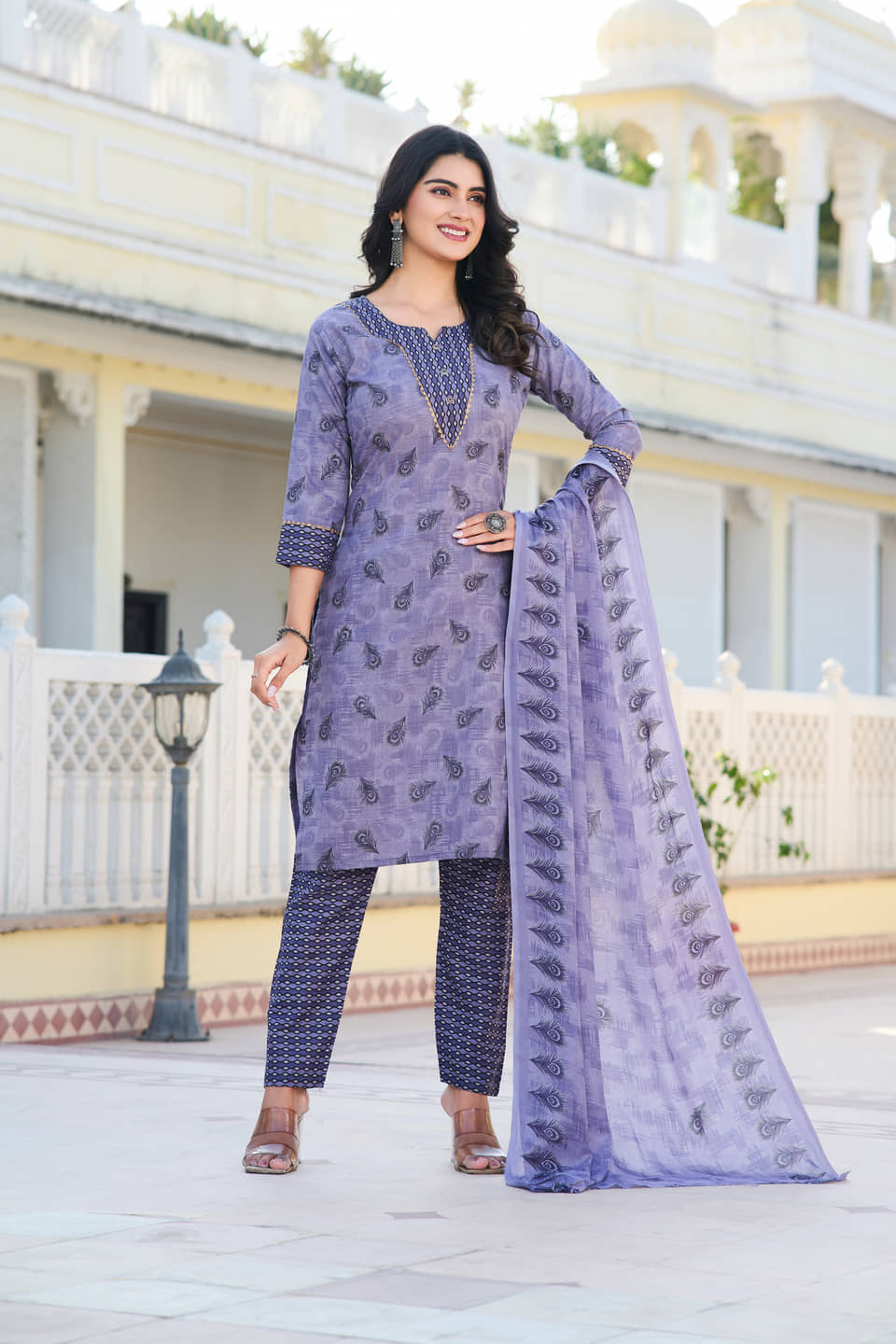 YAGNIK FASHION Women Rayon Printed A-line Kurti With Pants ( Lavender )