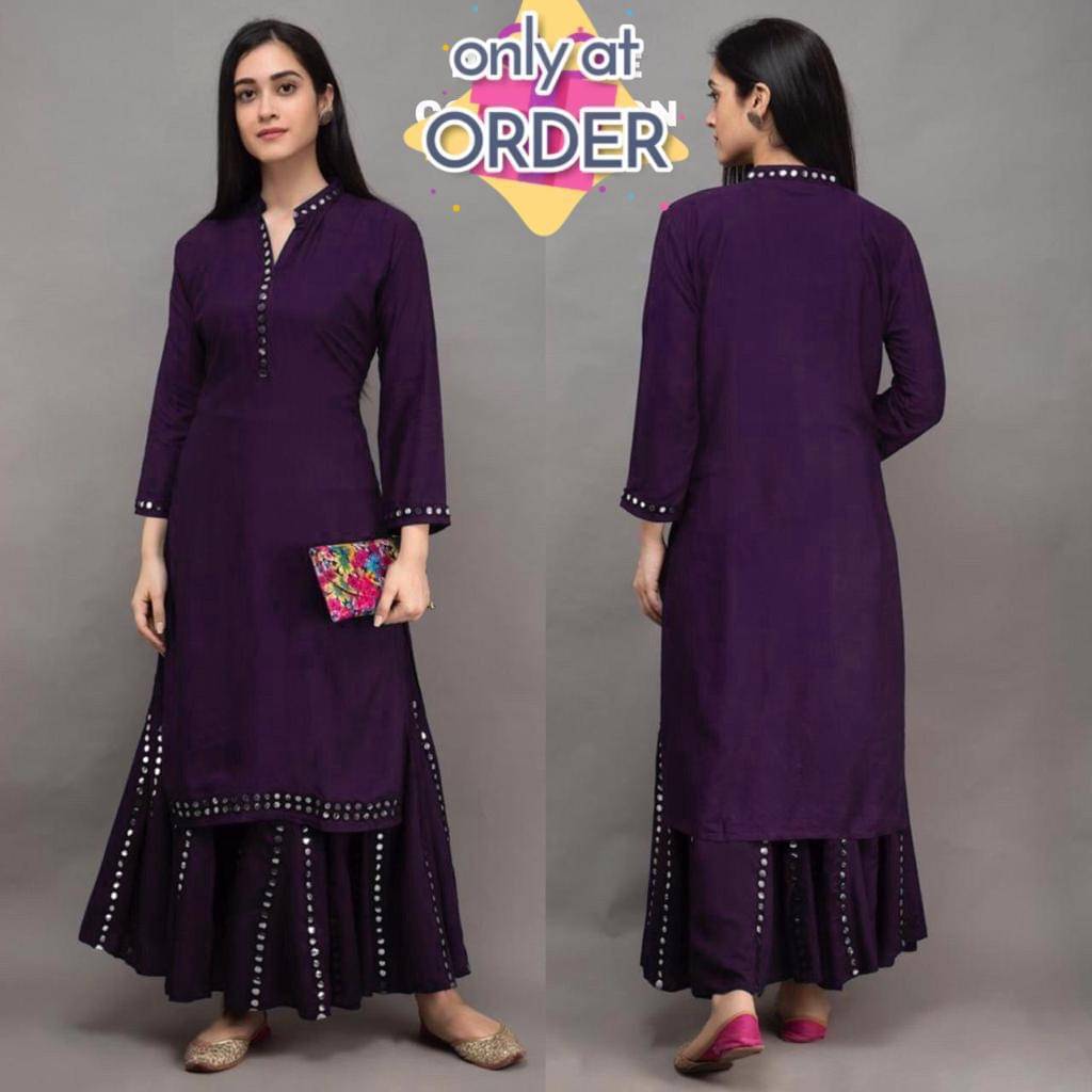     			YOGESHWARAY DESIGNER Women Rayon Solid Straight Kurti With Pants ( Purple )