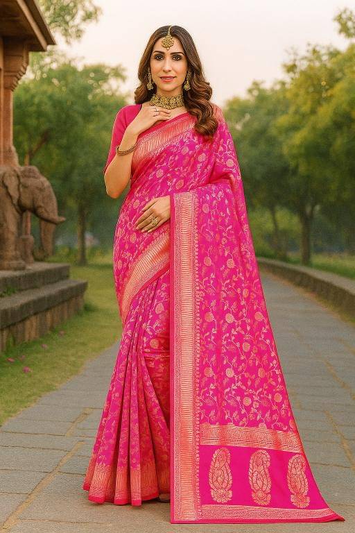 YUGAVEERAA Silk Woven Design Banarasi saree With Unstitched Blouse Piece ( Pink ) YUGAVEERAA Silk Woven Design Banarasi saree With Unstitched Blouse Piece ( Pink )