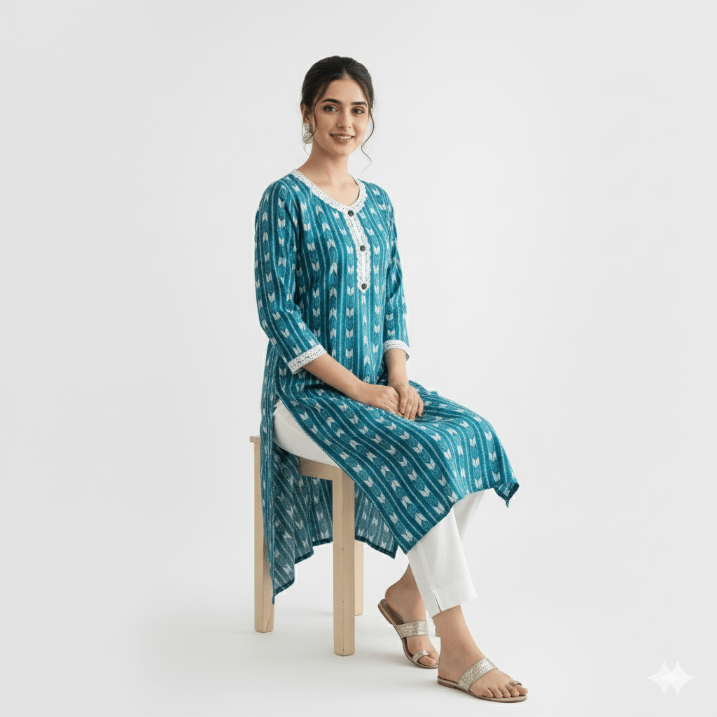 designally Women Cotton Blend Self Design Straight Kurti ( Blue ) designally Women Cotton Blend Self Design Straight Kurti ( Blue )