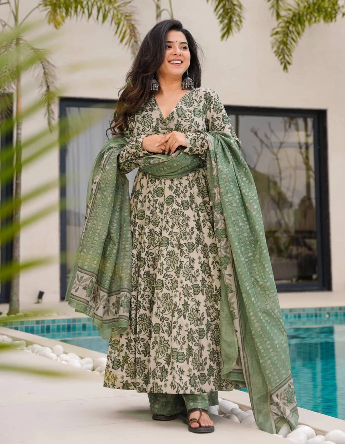 kedar fab Women Rayon Printed Anarkali Kurti With Palazzo ( Beige )