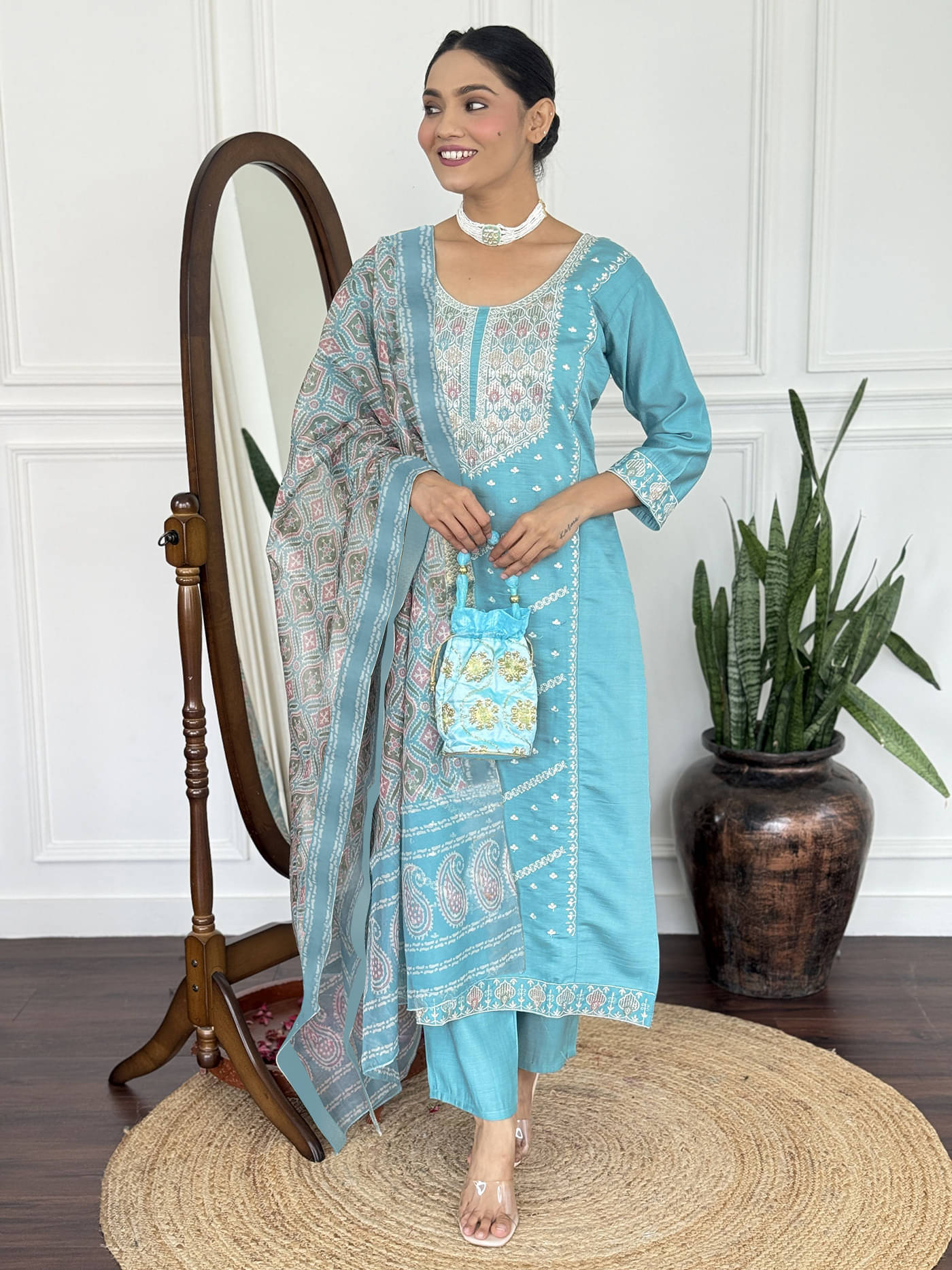 kedar fab Women Silk Embroidered Straight Kurti With Pants ( Aqua Blue ) kedar fab Women Silk Embroidered Straight Kurti With Pants ( Aqua Blue )