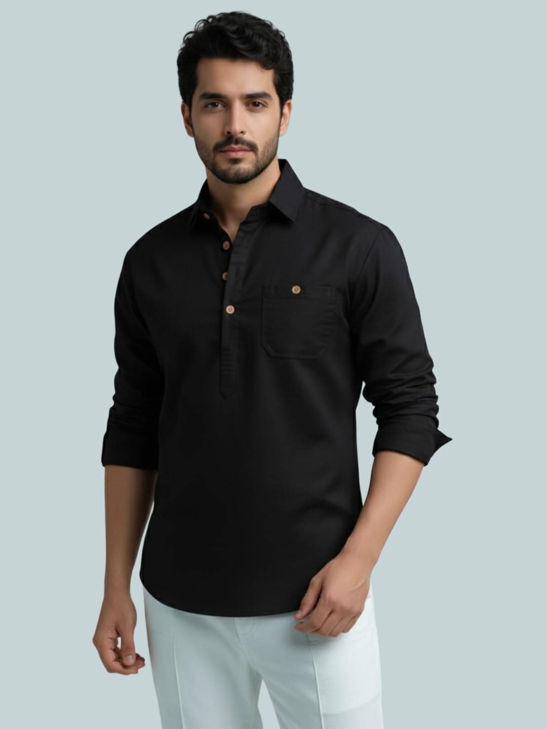     			BHUVIKOO Black Cotton Blend Men's Shirt Style Kurta ( Pack of 1 )