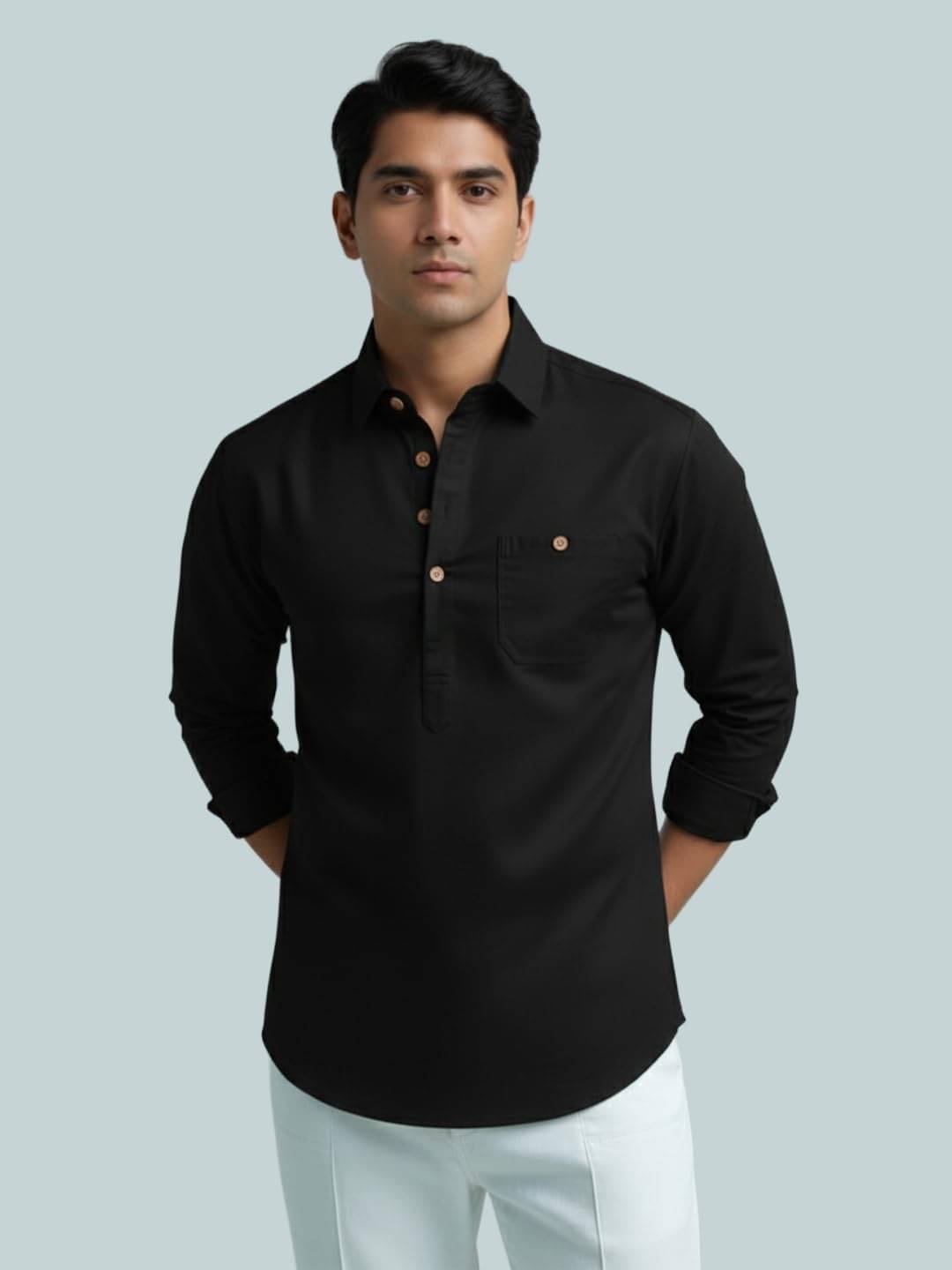 BHUVIKOO Black Cotton Blend Men's Shirt Style Kurta ( Pack of 1 ) BHUVIKOO Black Cotton Blend Men's Shirt Style Kurta ( Pack of 1 )