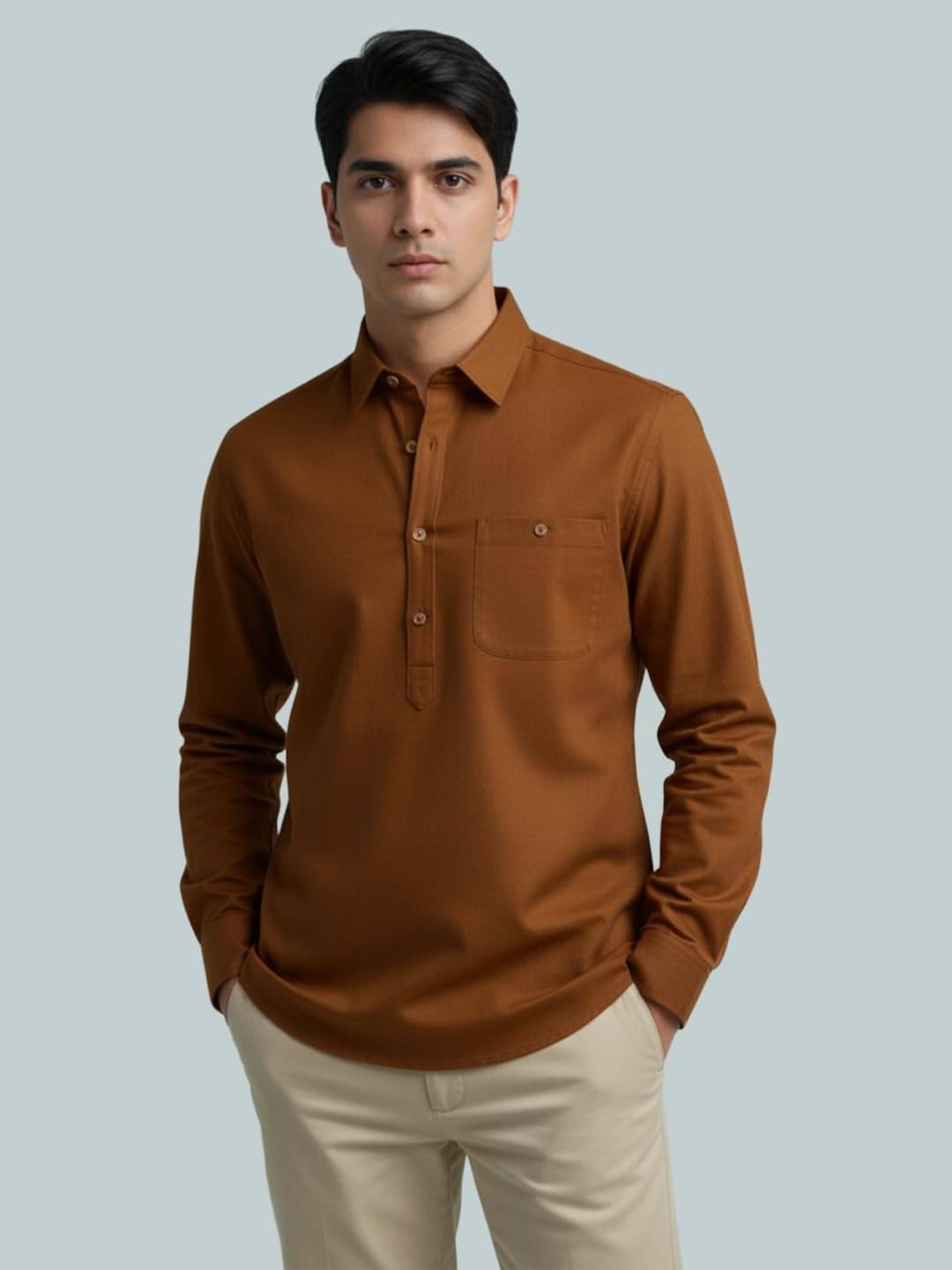 BHUVIKOO Brown Cotton Blend Men's Shirt Style Kurta ( Pack of 1 ) BHUVIKOO Brown Cotton Blend Men's Shirt Style Kurta ( Pack of 1 )