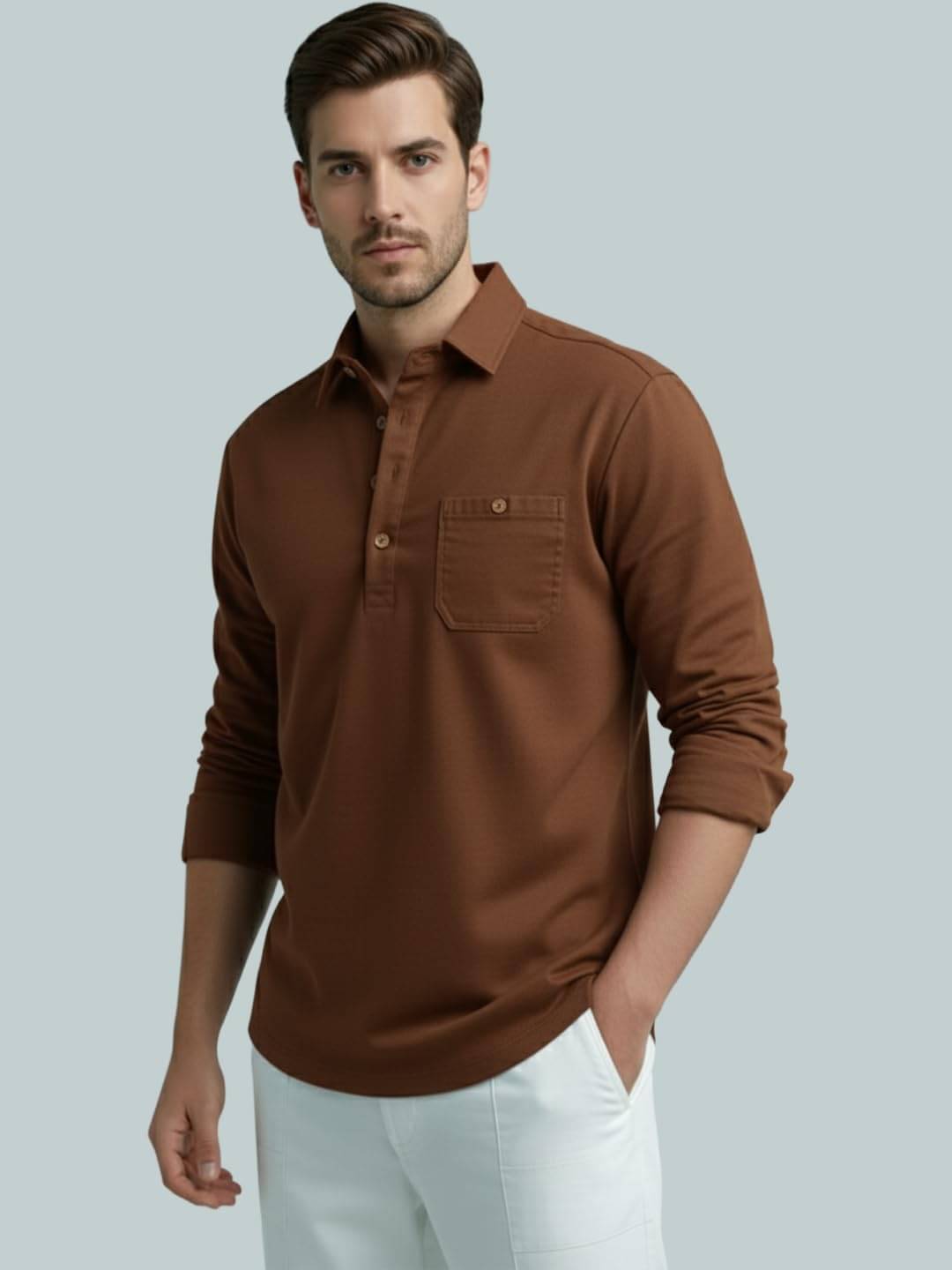 BHUVIKOO Brown Cotton Blend Men's Shirt Style Kurta ( Pack of 1 ) BHUVIKOO Brown Cotton Blend Men's Shirt Style Kurta ( Pack of 1 )