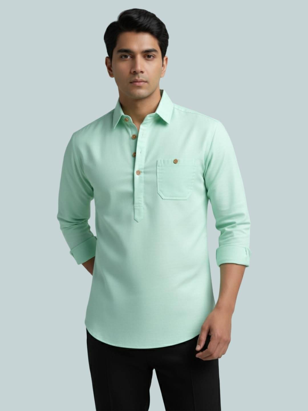 BHUVIKOO Light Blue Cotton Blend Men's Shirt Style Kurta ( Pack of 1 ) BHUVIKOO Light Blue Cotton Blend Men's Shirt Style Kurta ( Pack of 1 )