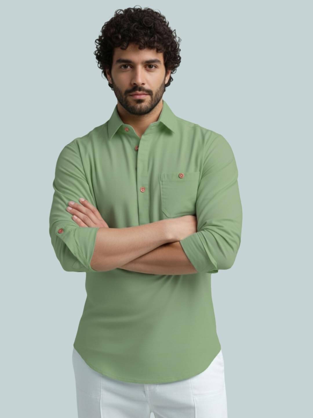     			BHUVIKOO Light Green Cotton Blend Men's Shirt Style Kurta ( Pack of 1 )