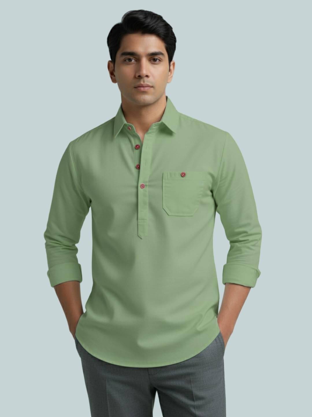     			BHUVIKOO Light Green Cotton Blend Men's Shirt Style Kurta ( Pack of 1 )