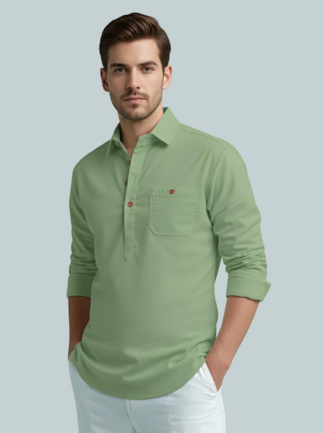BHUVIKOO Light Green Cotton Blend Men's Shirt Style Kurta ( Pack of 1 ) BHUVIKOO Light Green Cotton Blend Men's Shirt Style Kurta ( Pack of 1 )