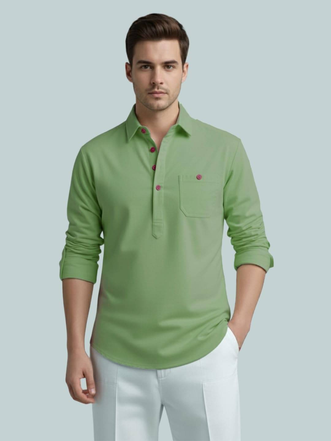 BHUVIKOO Light Green Cotton Blend Men's Shirt Style Kurta ( Pack of 1 ) BHUVIKOO Light Green Cotton Blend Men's Shirt Style Kurta ( Pack of 1 )