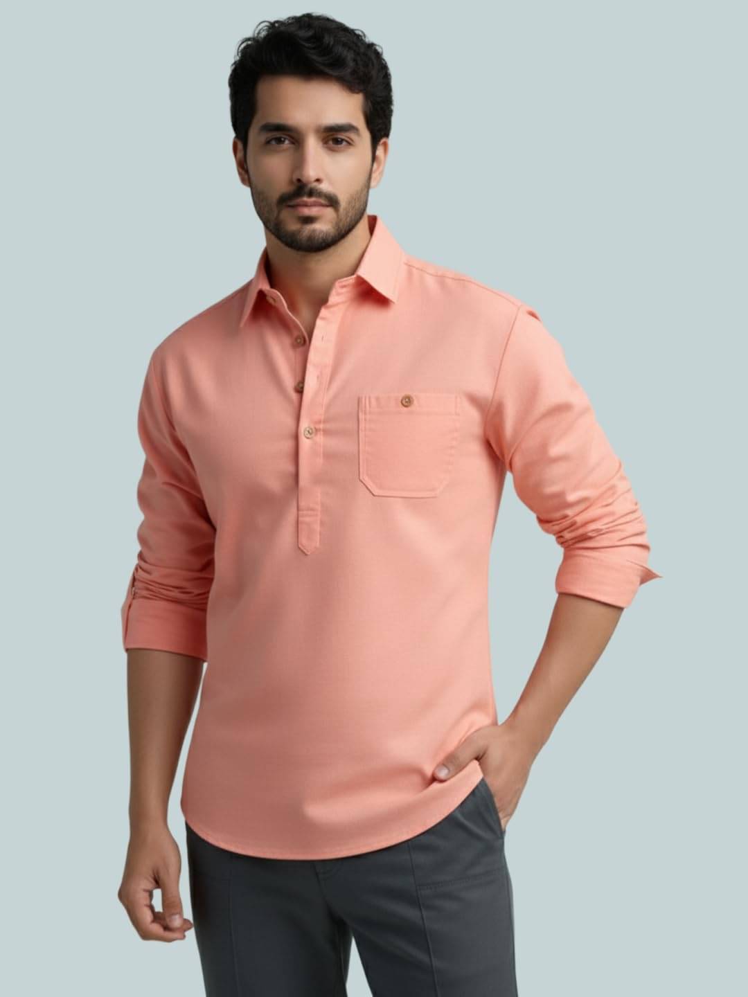 BHUVIKOO Orange Cotton Blend Men's Shirt Style Kurta ( Pack of 1 ) BHUVIKOO Orange Cotton Blend Men's Shirt Style Kurta ( Pack of 1 )