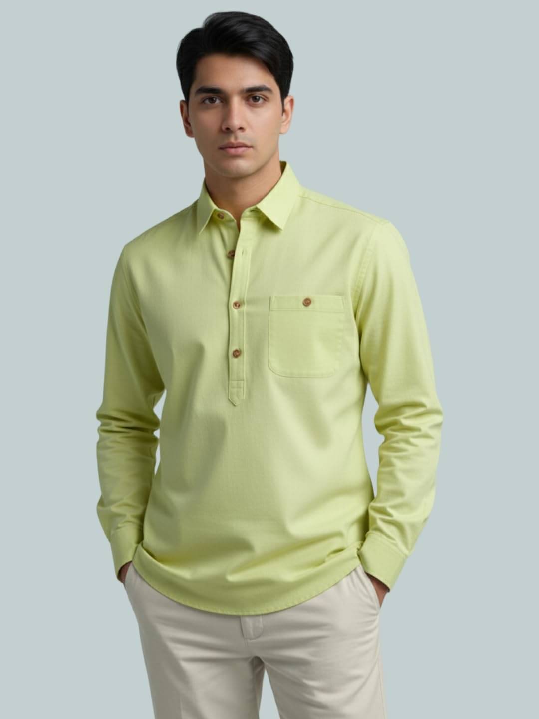     			BHUVIKOO Sea Green Cotton Blend Men's Shirt Style Kurta ( Pack of 1 )