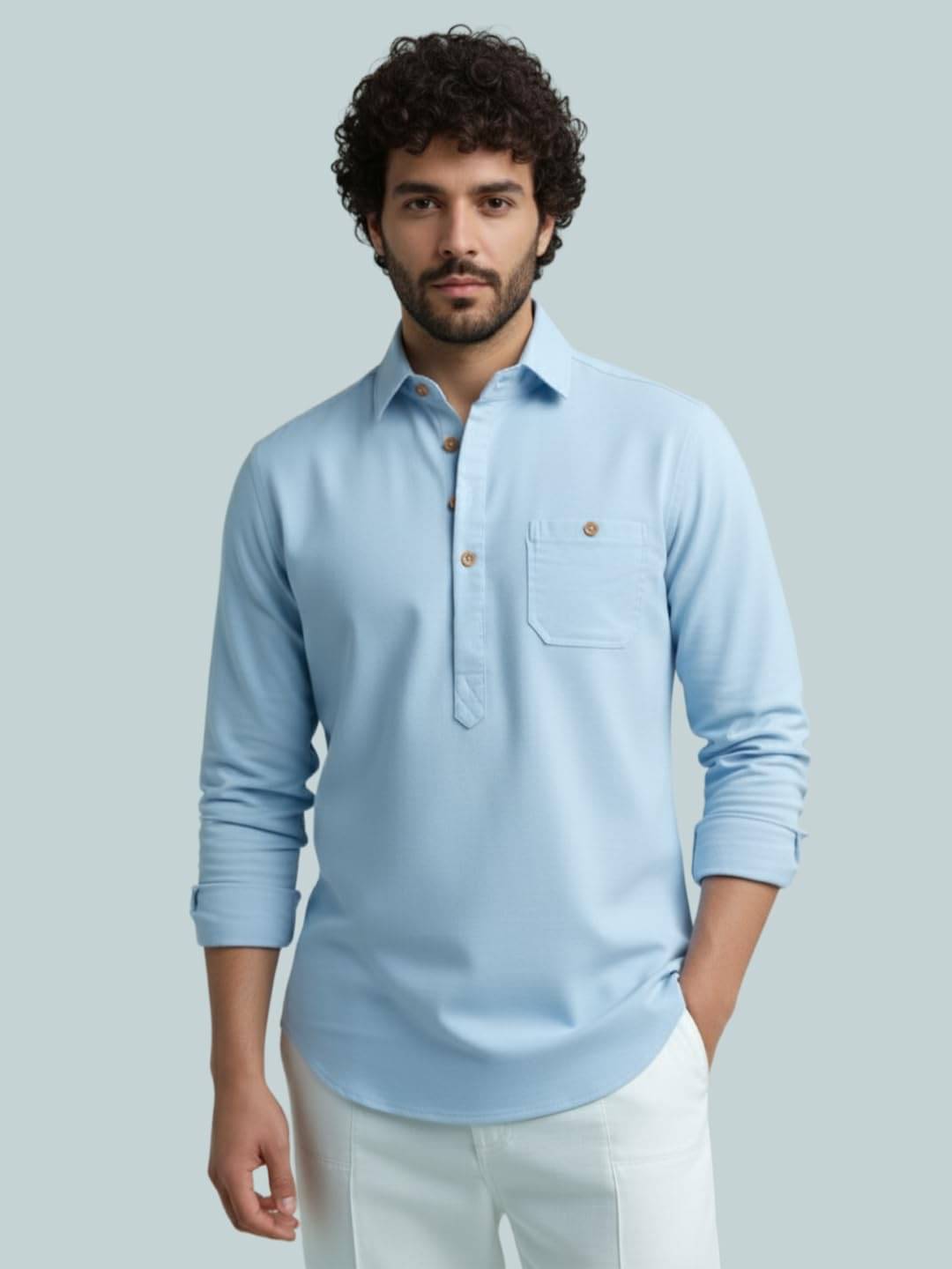 BHUVIKOO Sky Blue Cotton Blend Men's Shirt Style Kurta ( Pack of 1 ) BHUVIKOO Sky Blue Cotton Blend Men's Shirt Style Kurta ( Pack of 1 )