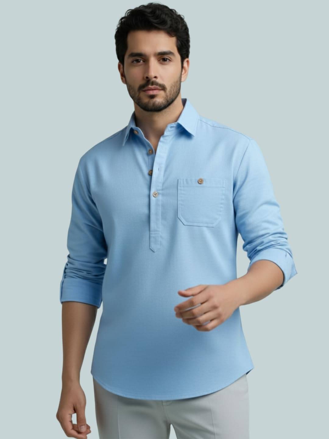     			BHUVIKOO Sky Blue Cotton Blend Men's Shirt Style Kurta ( Pack of 1 )