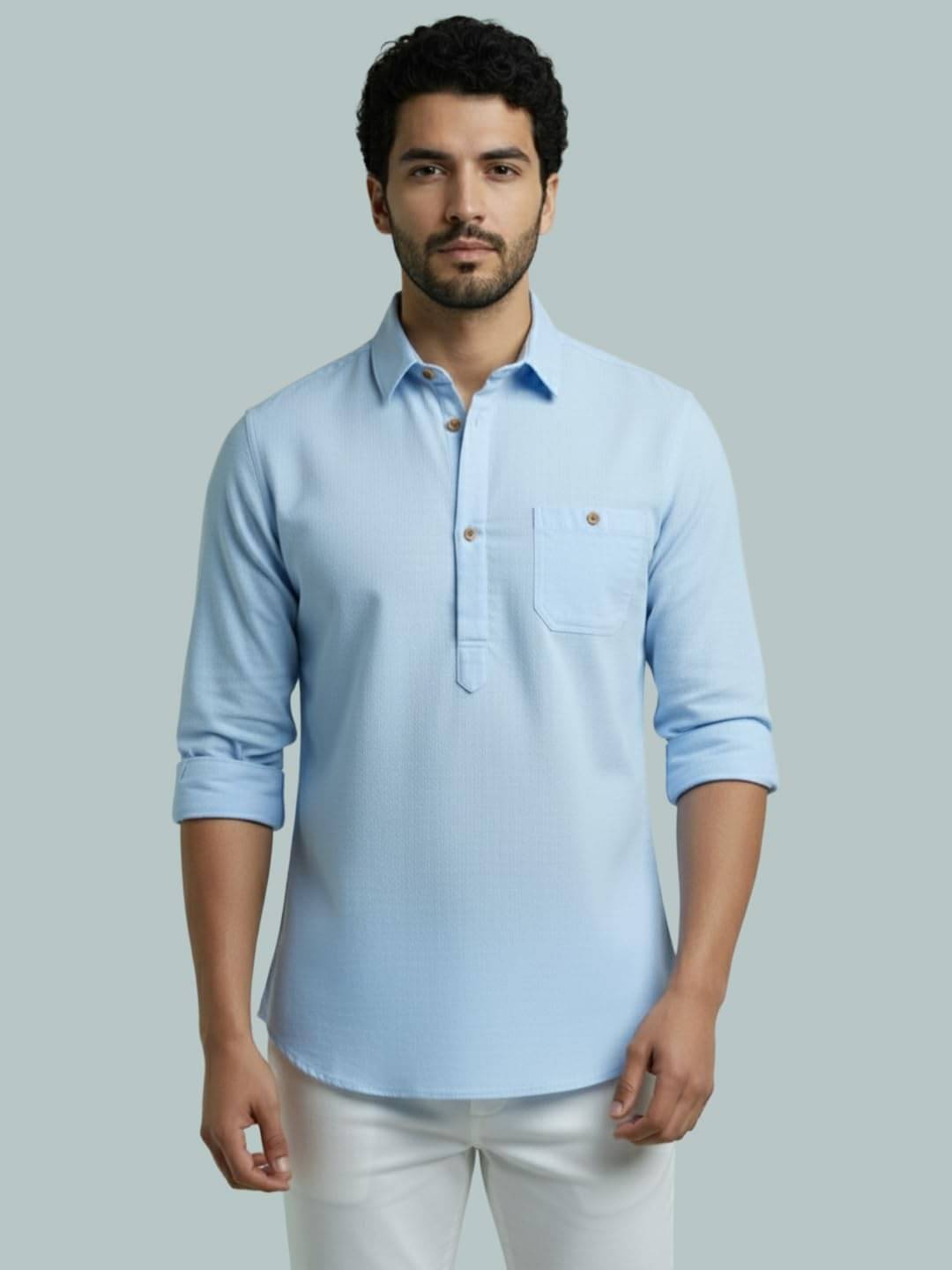     			BHUVIKOO Sky Blue Cotton Blend Men's Shirt Style Kurta ( Pack of 1 )