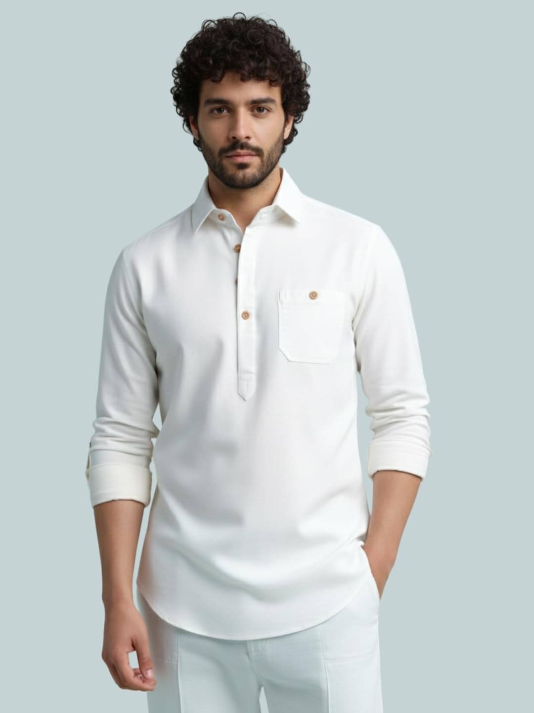 BHUVIKOO White Cotton Blend Men's Shirt Style Kurta ( Pack of 1 ) BHUVIKOO White Cotton Blend Men's Shirt Style Kurta ( Pack of 1 )