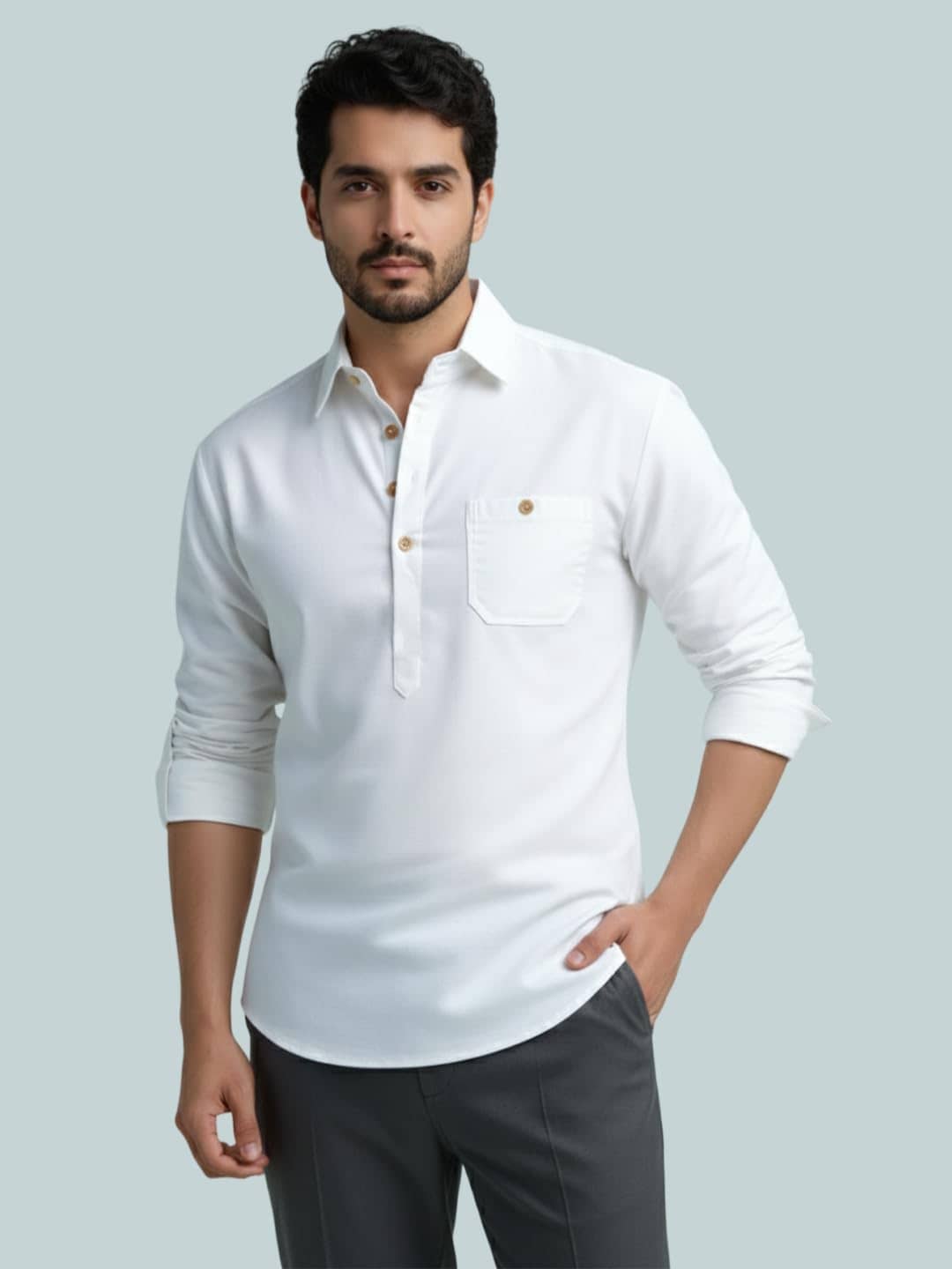 BHUVIKOO Cotton Blend Plain Shirt Style Kurta For Men ( White ) - Kurtas & Kurta Sets | Buy online on ZillyBuy