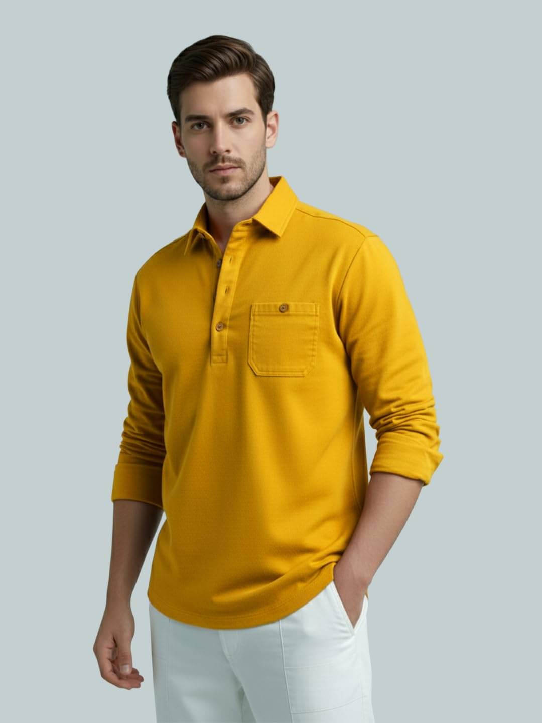     			BHUVIKOO Yellow Cotton Blend Men's Shirt Style Kurta ( Pack of 1 )