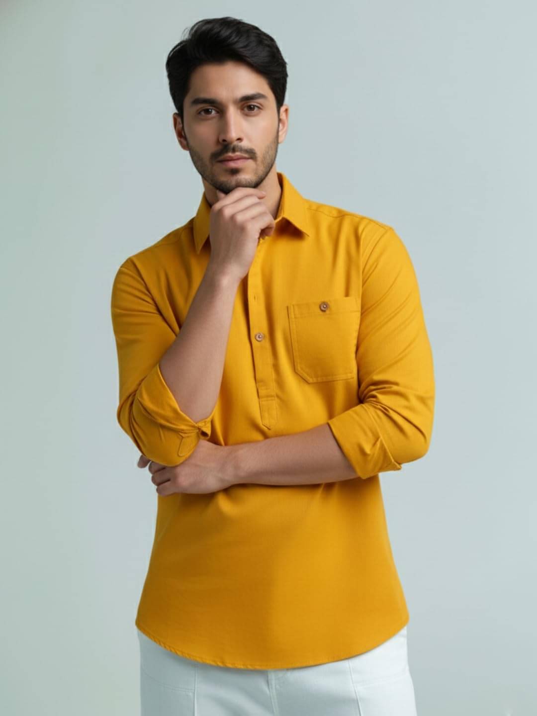    			BHUVIKOO Yellow Cotton Blend Men's Shirt Style Kurta ( Pack of 1 )