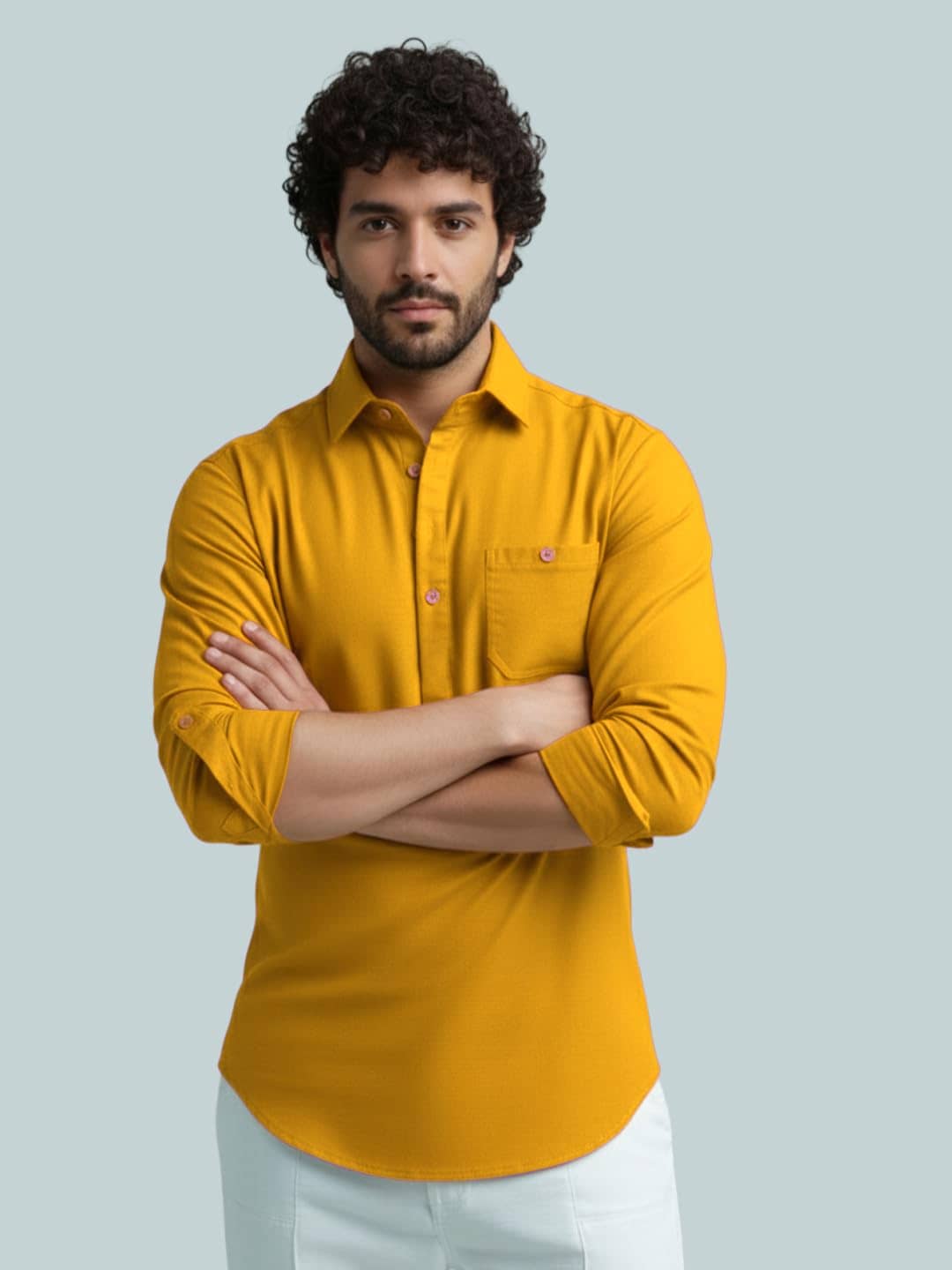 BHUVIKOO Cotton Blend Plain Shirt Style Kurta For Men ( Yellow ) - Kurtas & Kurta Sets | Buy online on ZillyBuy