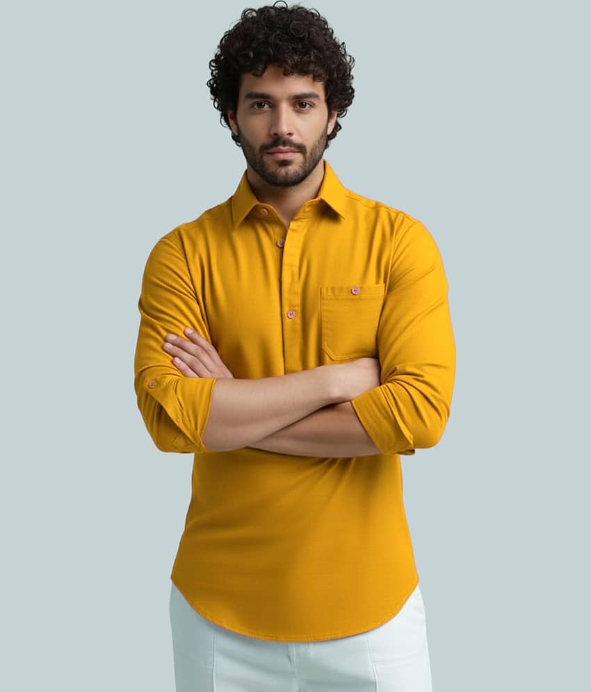 BHUVIKOO Cotton Blend Plain Shirt Style Kurta For Men ( Yellow ) - Kurtas & Kurta Sets | Buy online on ZillyBuy