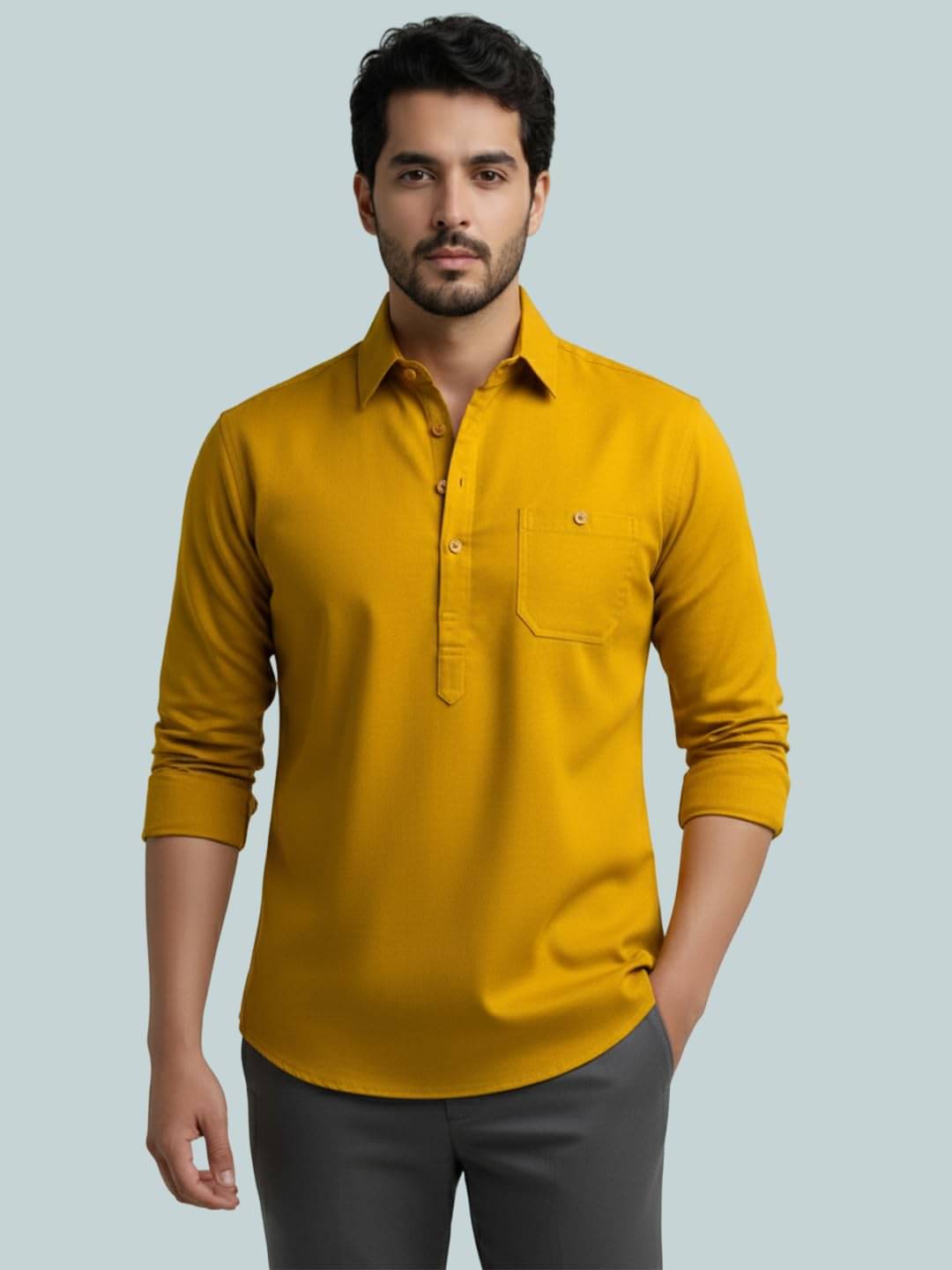     			BHUVIKOO Yellow Cotton Blend Men's Shirt Style Kurta ( Pack of 1 )