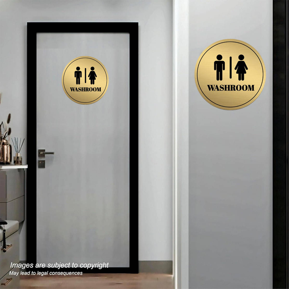 Buzzhub Round Washroom Sign 6x6 Inch Gold Finish Board for Restroom Door Buzzhub Round Washroom Sign 6x6 Inch Gold Finish Board for Restroom Door