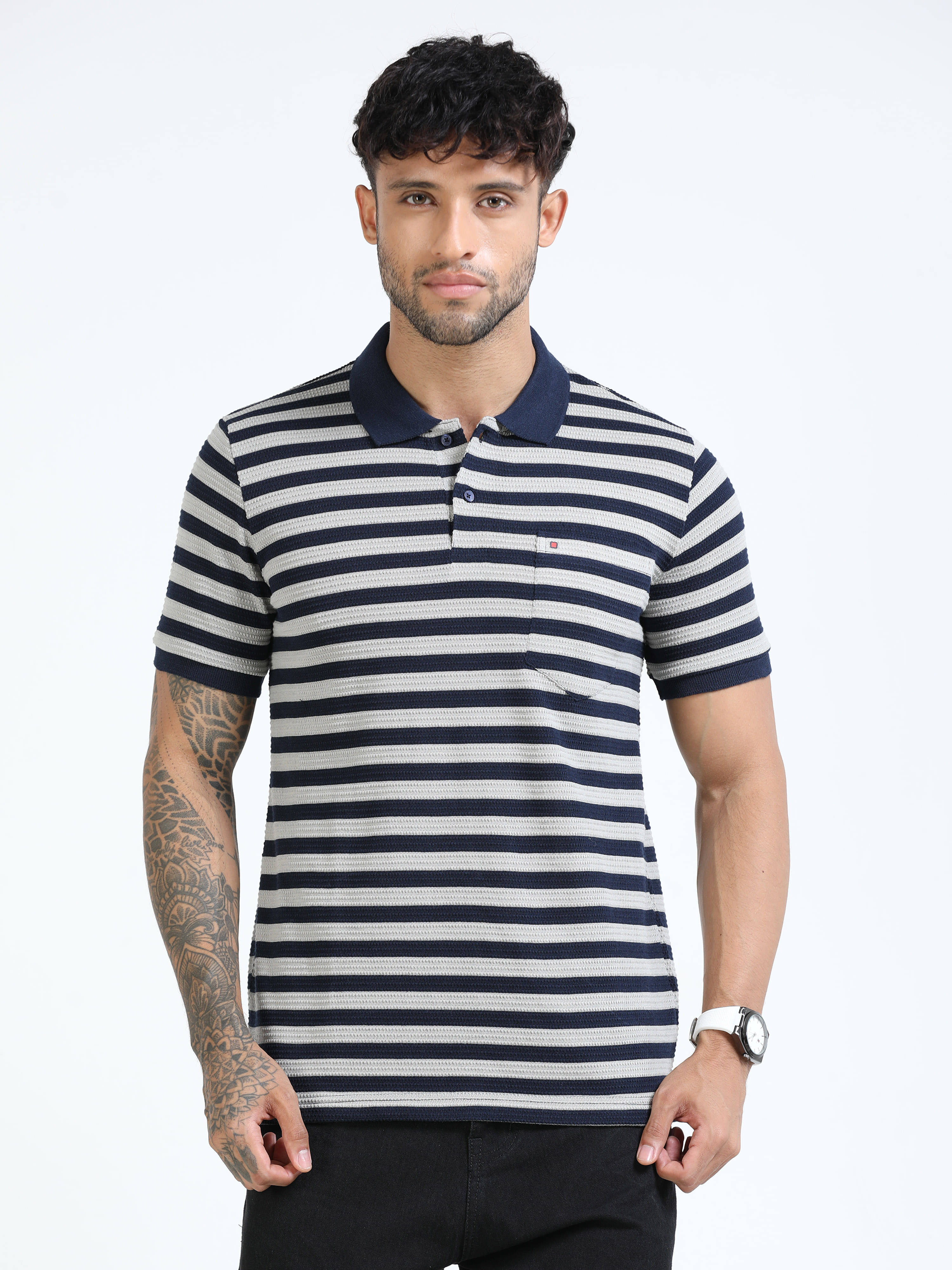     			Cool Colors Men Cotton Blend Slim Fit Striped Polo T Shirt ( Navy )